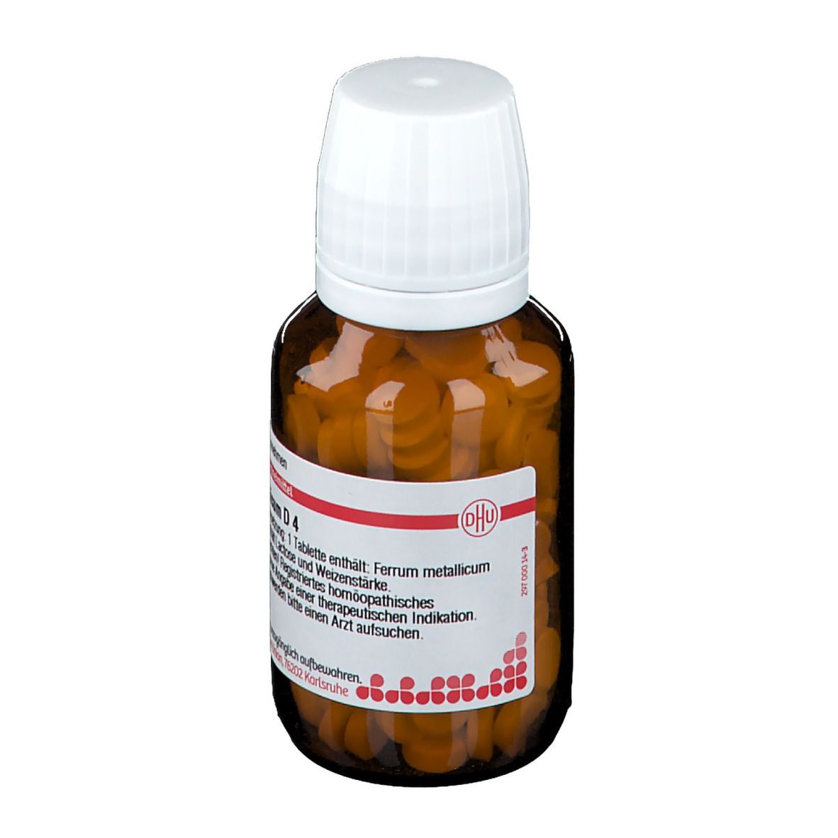 Braune Tabletten in einer braunen Glasflasche mit weißem Deckel. Auf dem Etikett steht "Ferrum metallicum D4".