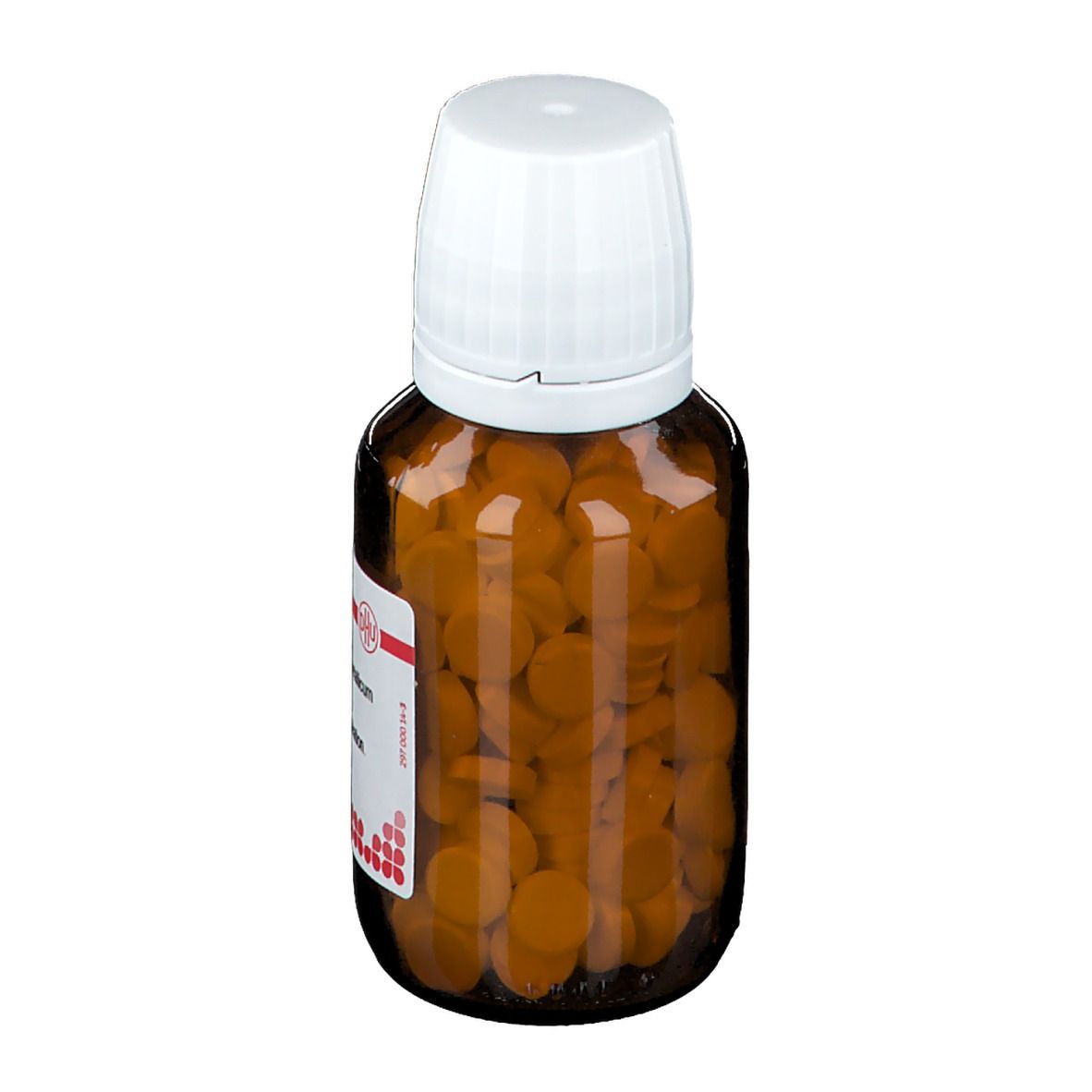 Braune Tabletten in einer braunen Glasflasche mit weißem Deckel. Auf dem Etikett steht "Ferrum metallicum D4".