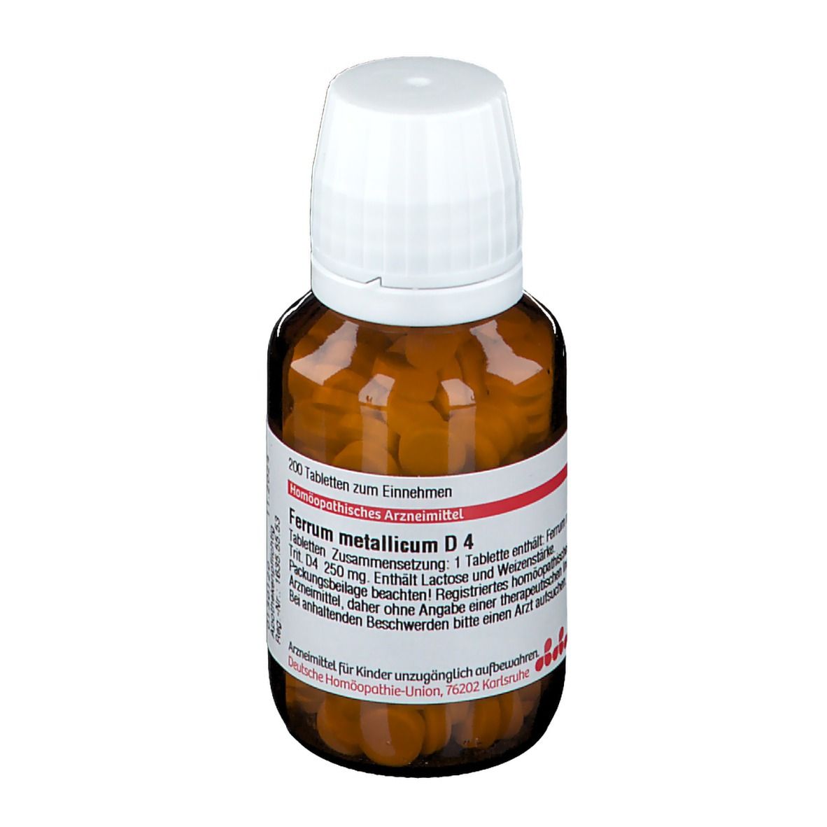 Braune Tabletten in einer braunen Glasflasche mit weißem Deckel. Auf dem Etikett steht "Ferrum metallicum D4".