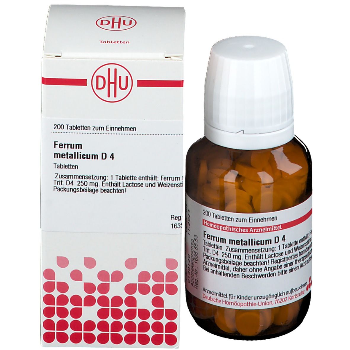 Eine braune Glasflasche mit Tabletten und eine weiße Schachtel. Auf der Flasche und der Schachtel steht "Ferrum metallicum D4".