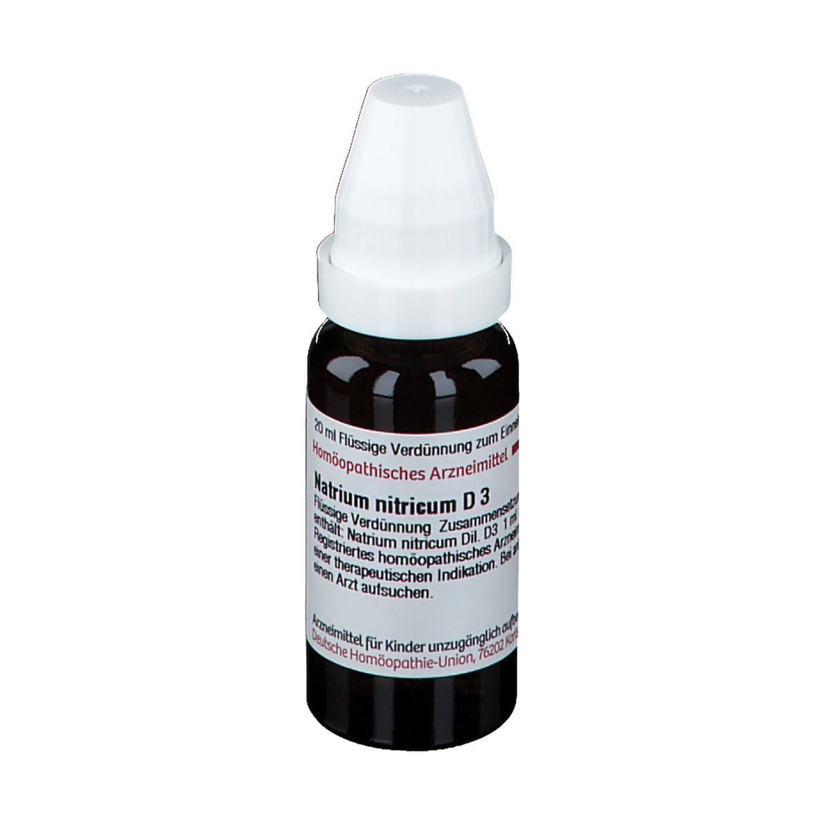 Braune Tropfflasche mit weißem Verschluss. Etikett mit Produktnamen, Natrium nitricum D3, und weiteren Angaben.