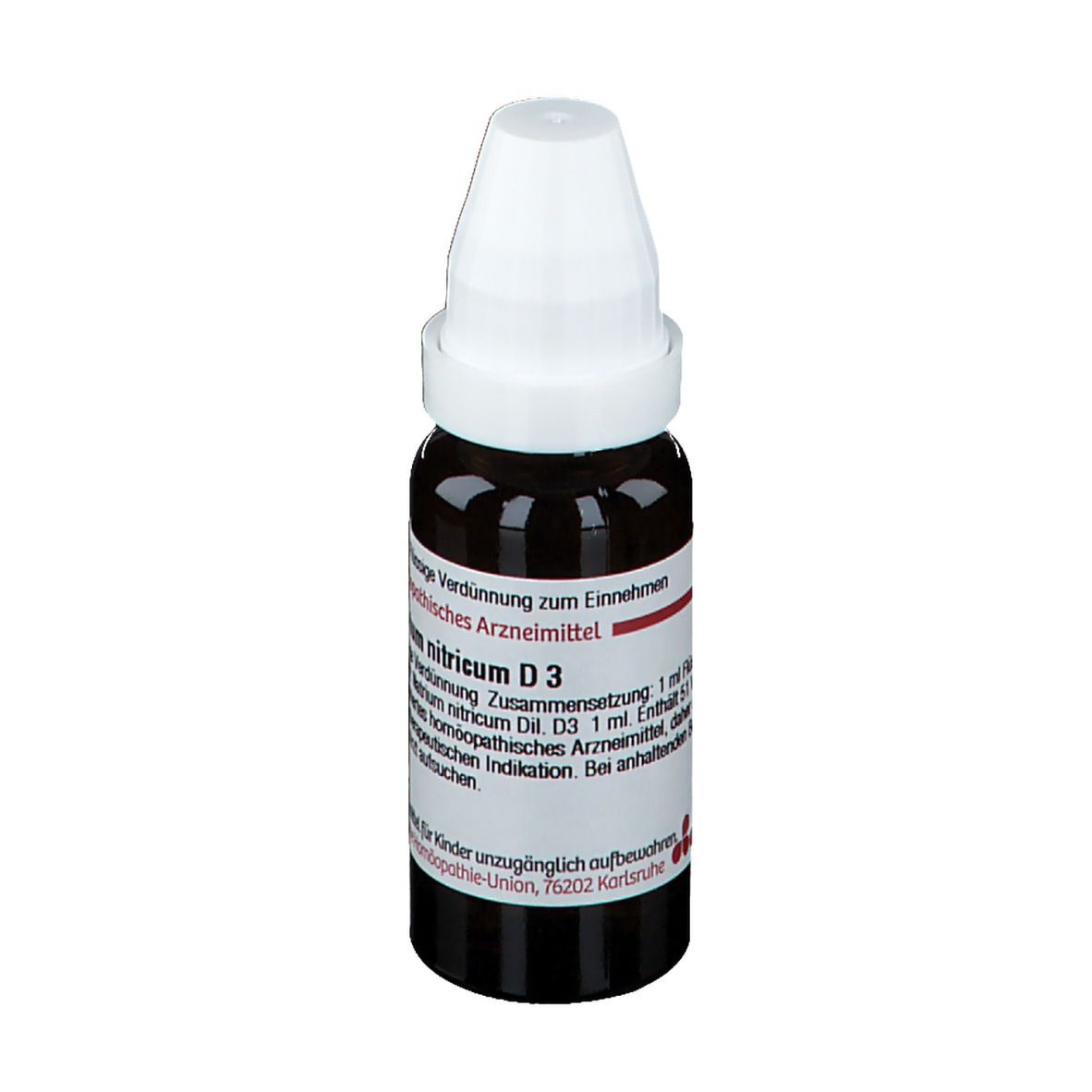 Braune Tropfflasche mit weißem Verschluss. Etikett mit Produktnamen, Natrium nitricum D3, und weiteren Angaben.