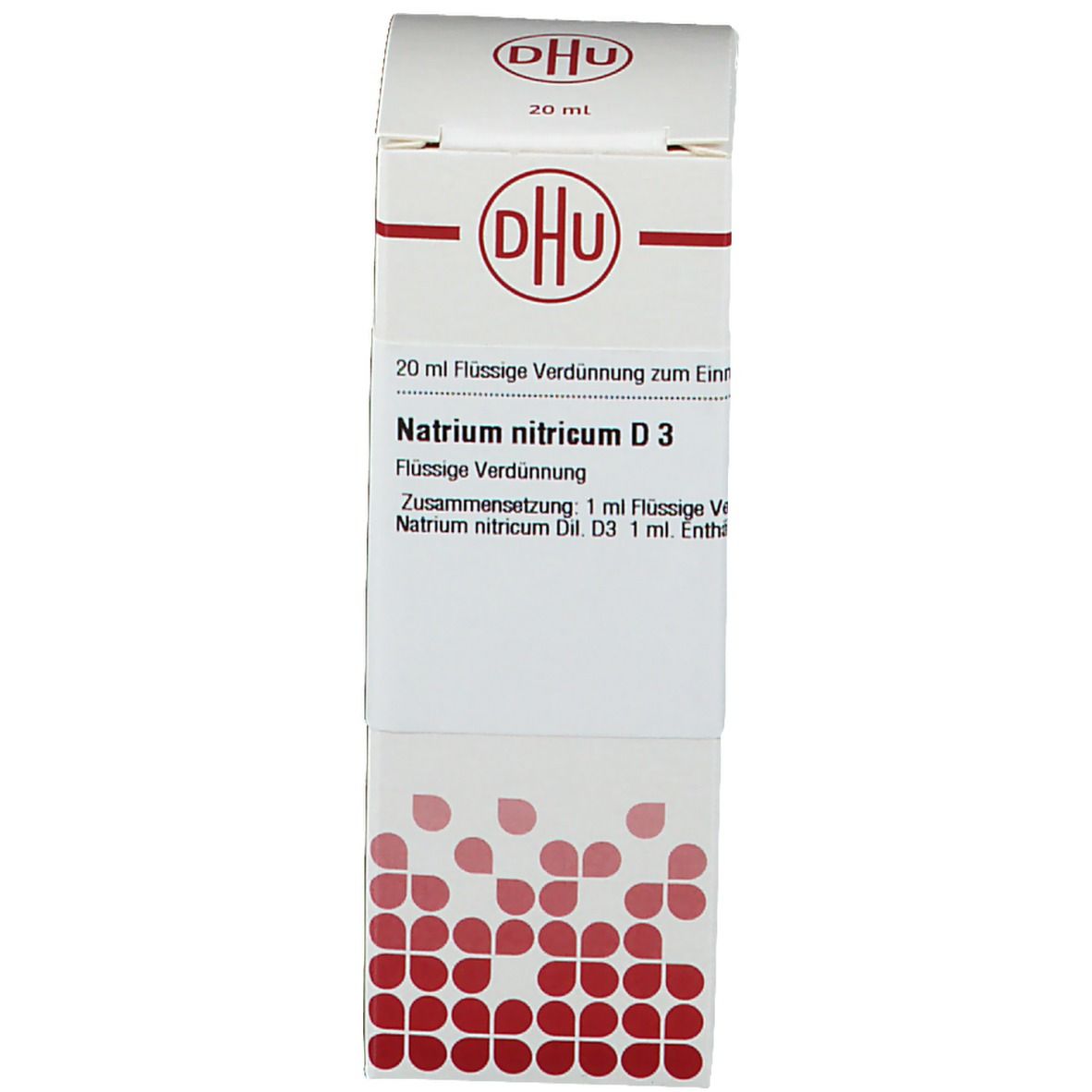 Weiße Schachtel mit DHU-Logo und Produktinformationen. Aufschrift: Natrium nitricum D3, 20 ml.