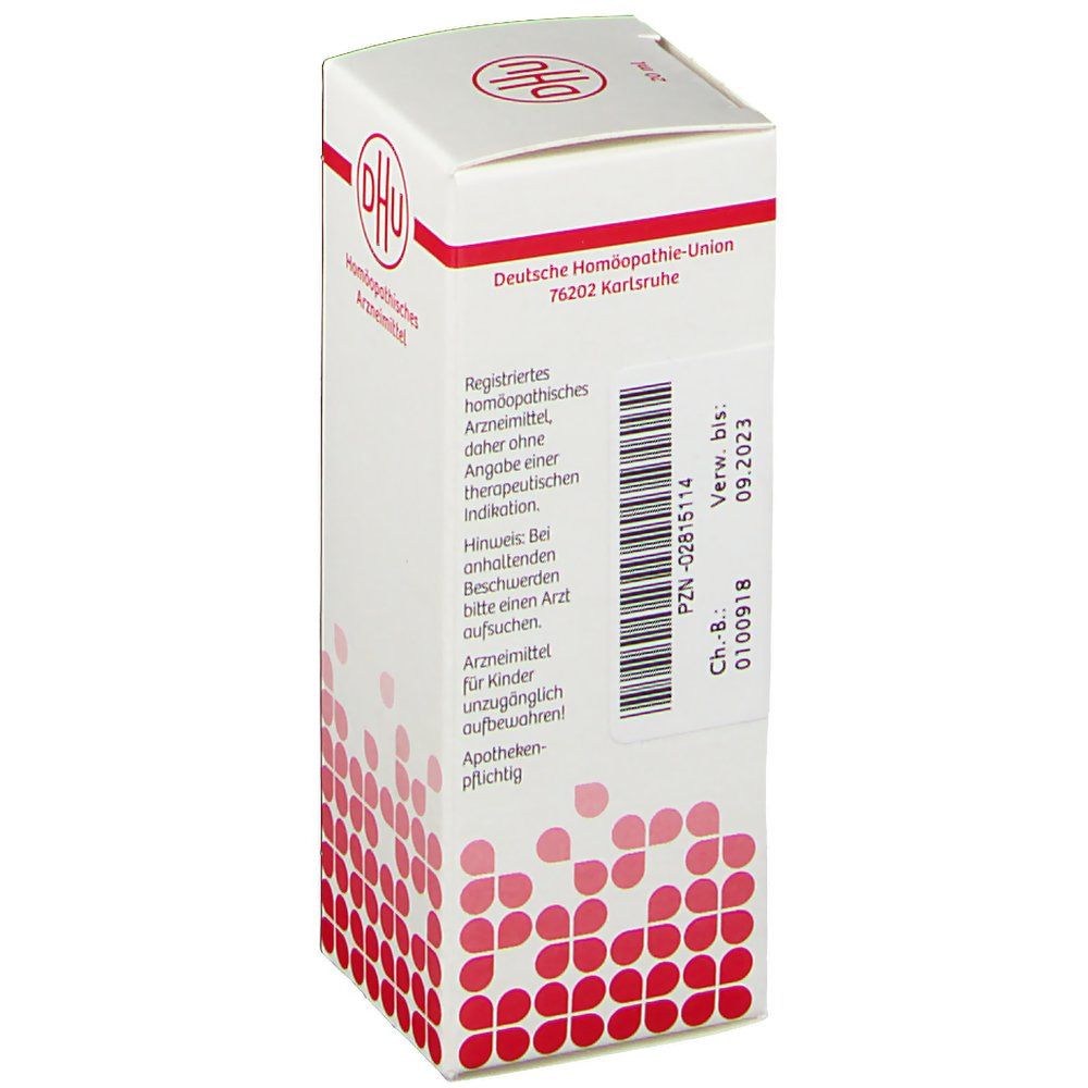 Weiße Faltschachtel mit rotem DHU-Logo. Text: Deutsche Homöopathie-Union. Barcode und Verfallsdatum 09.2023. Rote, florale Muster.