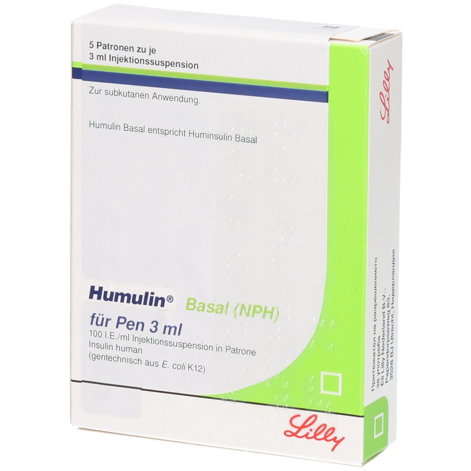 Packung Humulin Basal (NPH) für Pen 3 ml, 5 Patronen je 3 ml Injektionssuspension. Lilly Logo.