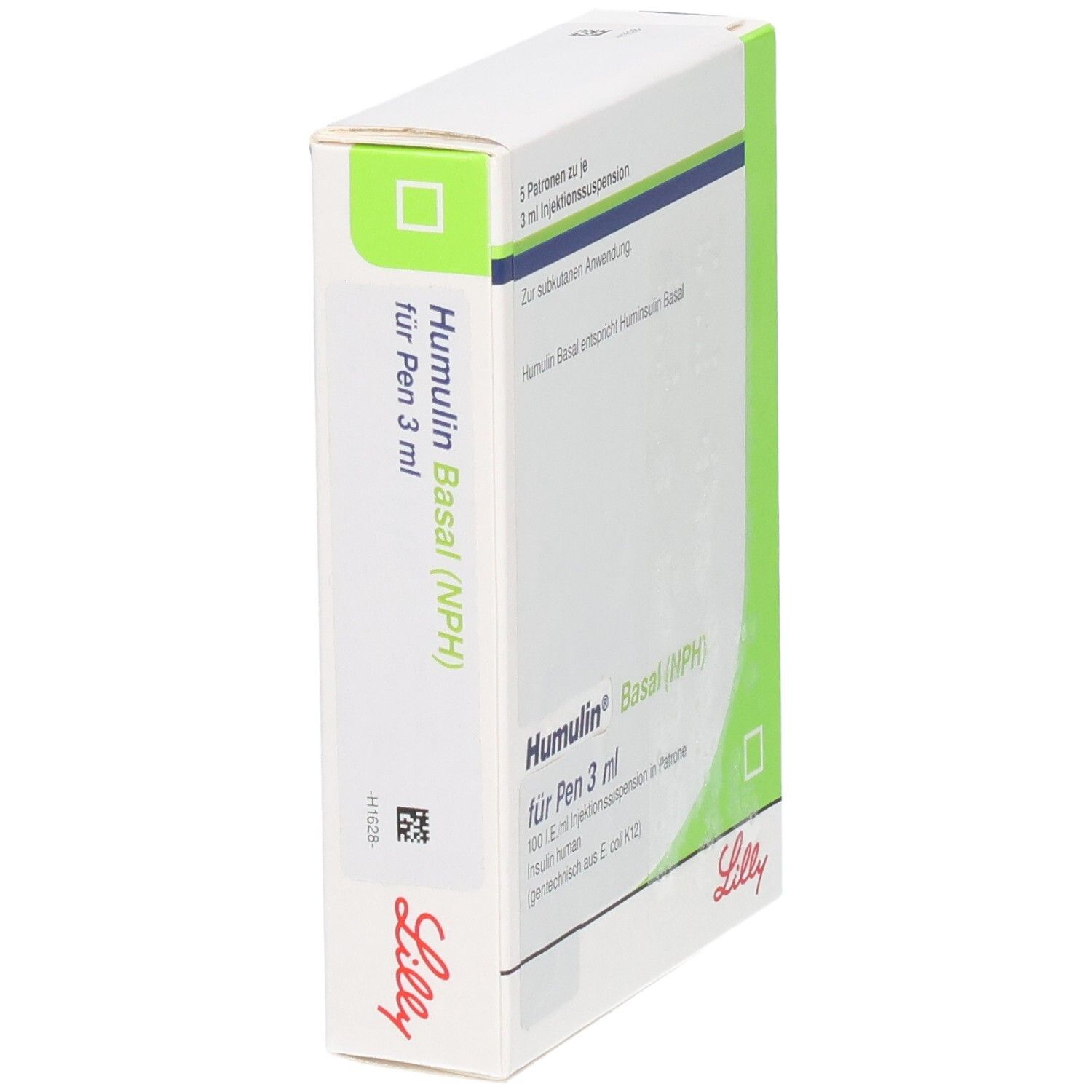 Seitenansicht der Packung Humulin Basal (NPH) für Pen 3 ml, 5 Patronen je 3 ml. Lilly Logo.