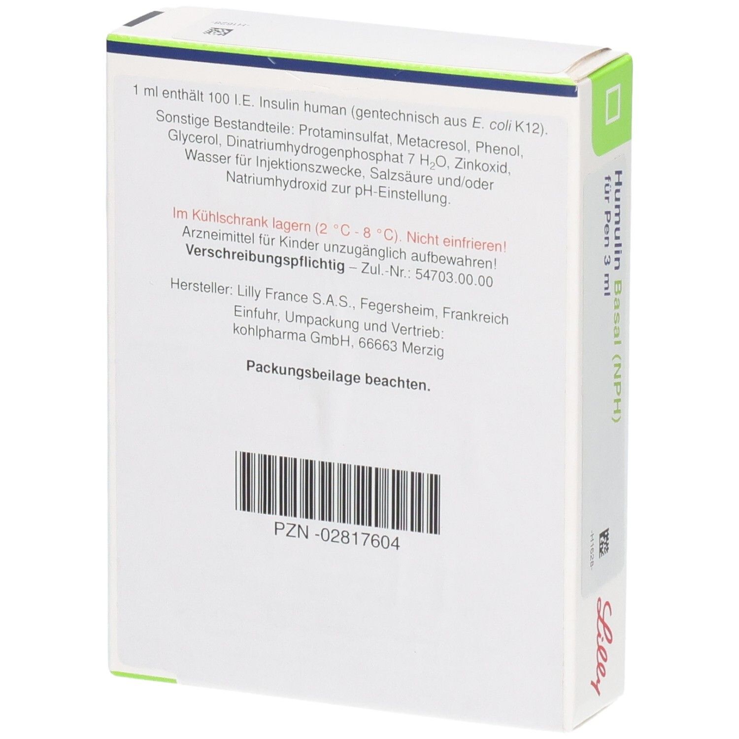 Rückseite der Packung Humulin Basal (NPH) für Pen 3 ml. Enthält 100 I.E./ml Insulin human. Lagerungshinweise.
