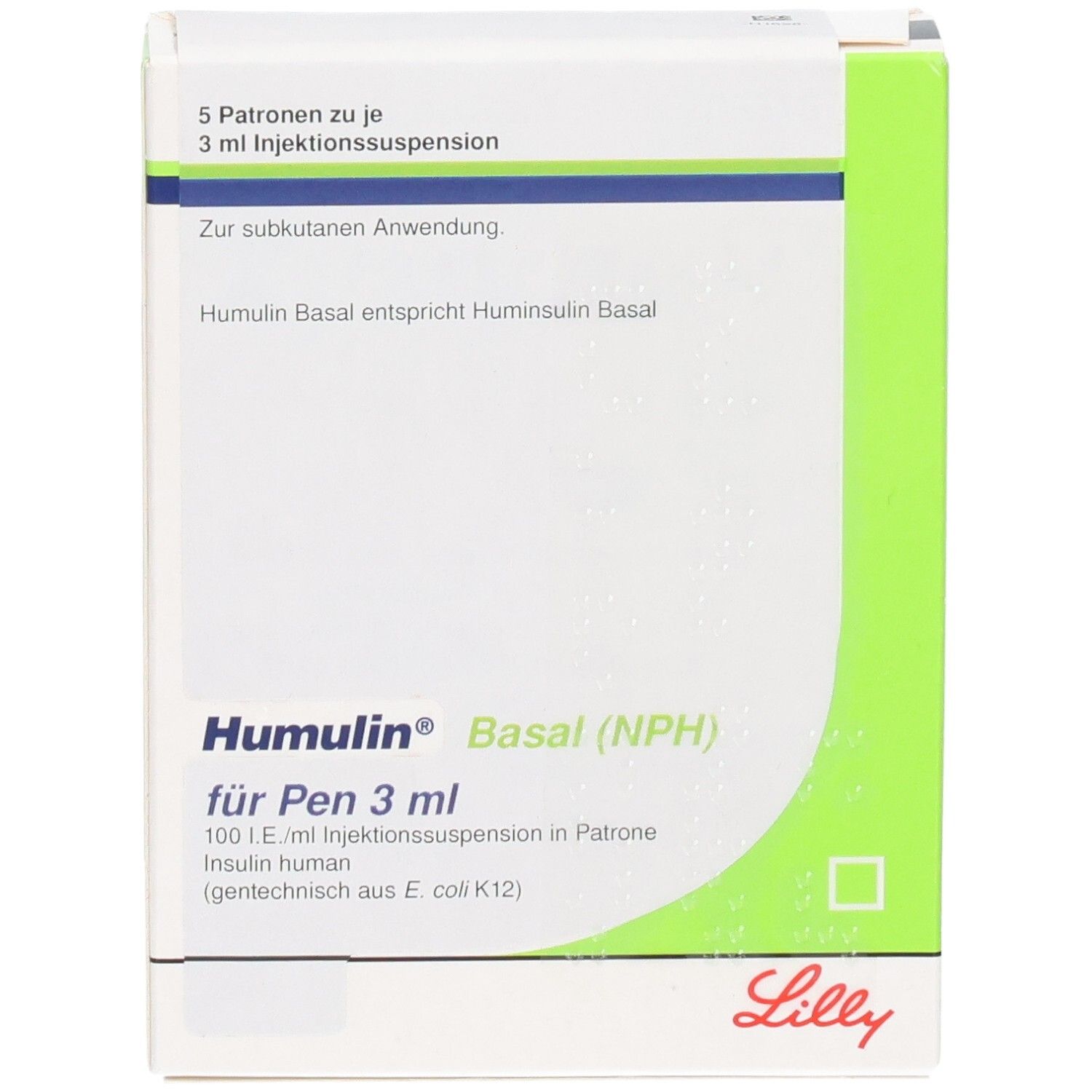 Vorderseite der Packung Humulin Basal (NPH) für Pen 3 ml, 5 Patronen je 3 ml. Lilly Logo.