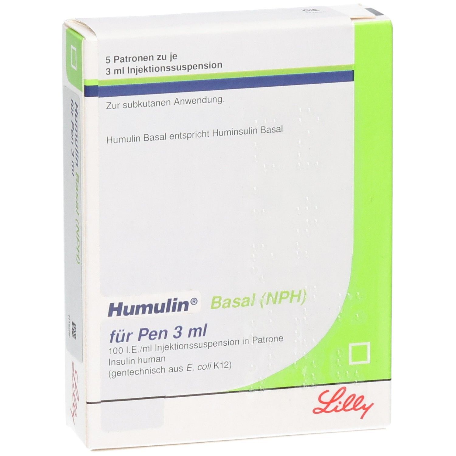 Packung Humulin Basal (NPH) für Pen 3 ml, 5 Patronen je 3 ml. Lilly Logo.