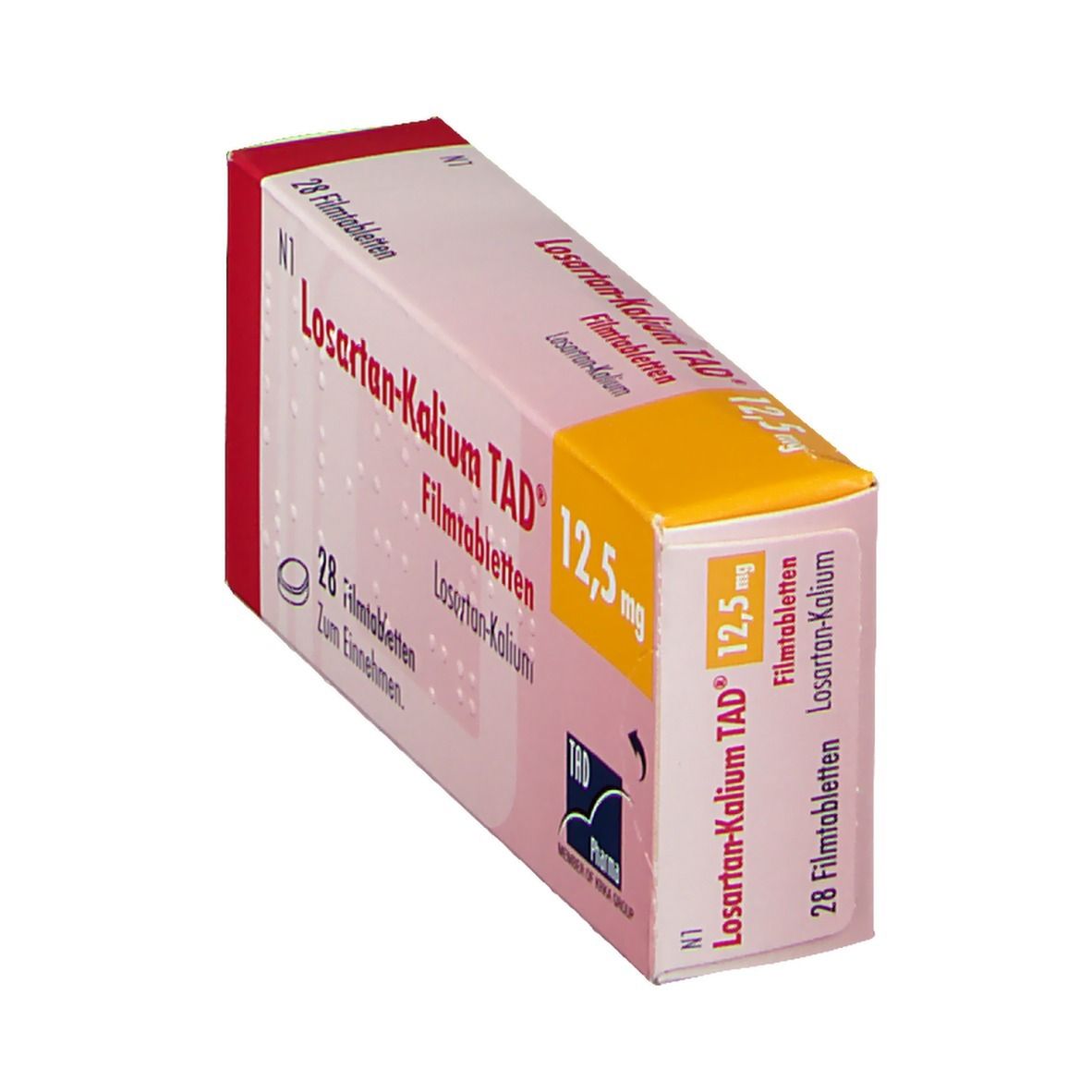 Schachtel Losartan-Kalium TAD® 12,5 mg Filmtabletten. 28 Tabletten. TAD Pharma Logo. Gelb, Rot, Weiß. Schrägansicht.