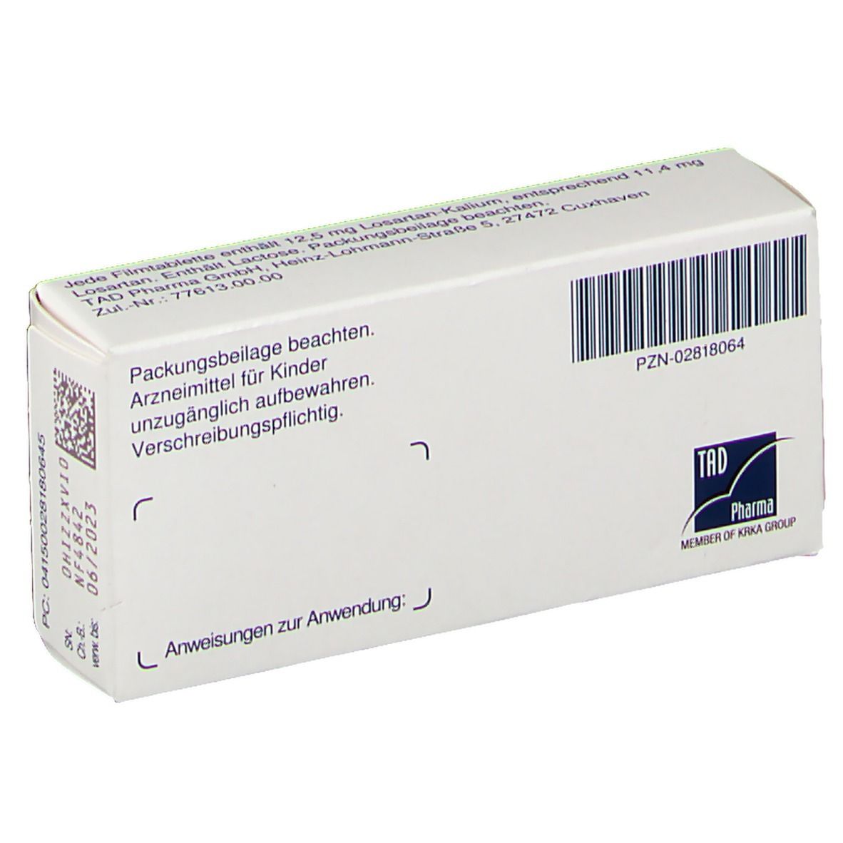 Rückseite der Schachtel Losartan-Kalium TAD® 12,5 mg. Text, Barcode, Logo TAD Pharma. Weiß.