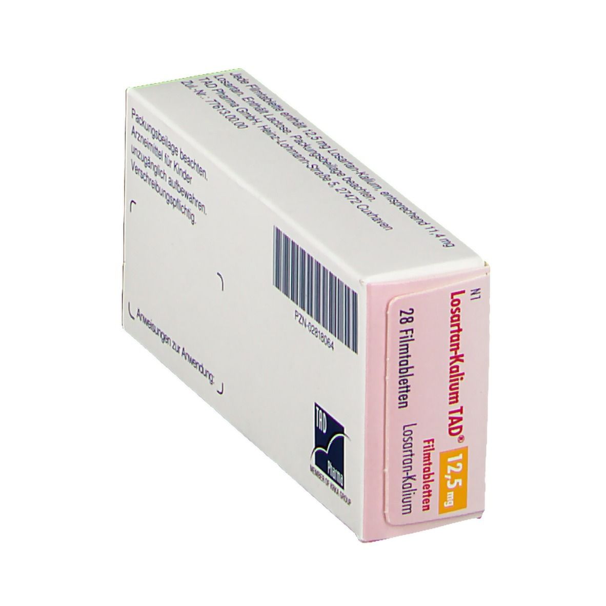 Schachtel Losartan-Kalium TAD® 12,5 mg. 28 Filmtabletten. TAD Pharma Logo. Schrägansicht. Weiß, Rot, Gelb.