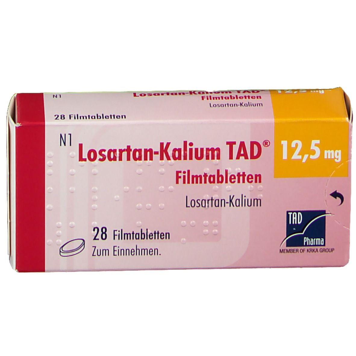 Schachtel Losartan-Kalium TAD® 12,5 mg Filmtabletten. 28 Tabletten. TAD Pharma Logo. Gelb, Rot, Weiß.