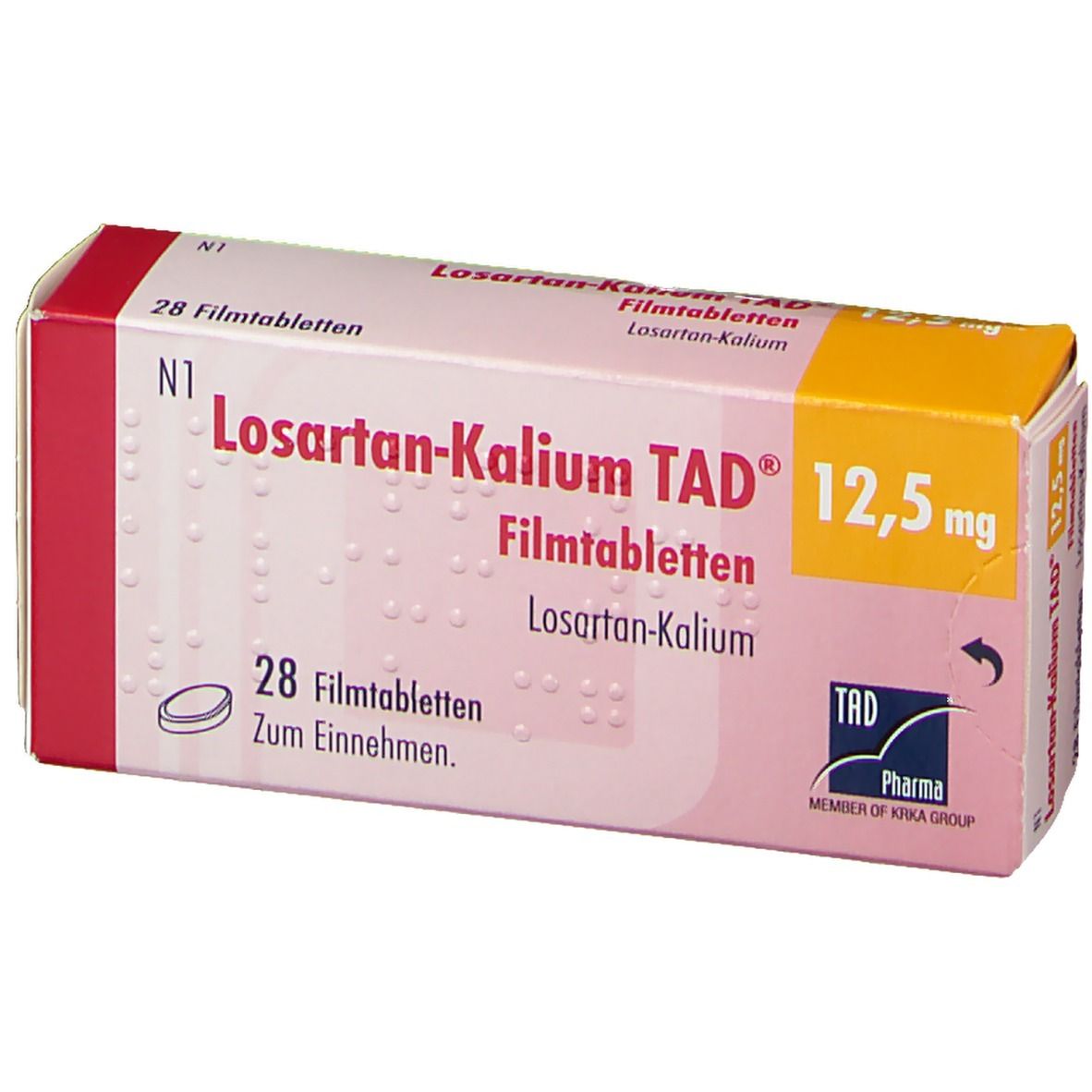 Schachtel Losartan-Kalium TAD® 12,5 mg Filmtabletten. 28 Tabletten. TAD Pharma Logo. Gelb, Rot, Weiß.