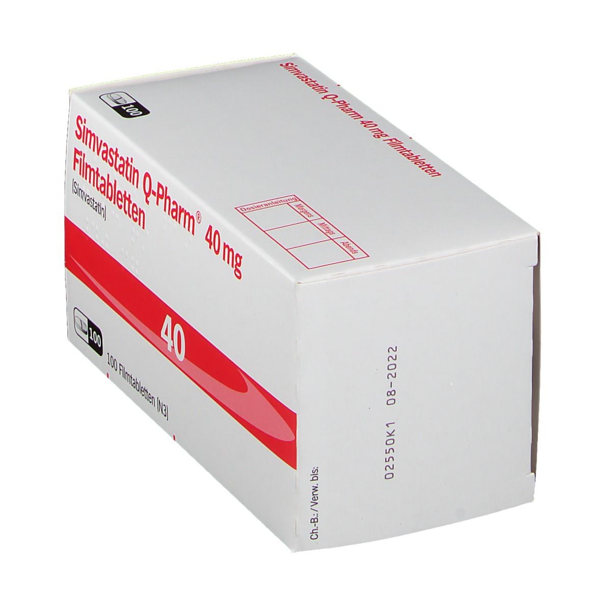 Weiße Schachtel mit rotem Streifen. Aufschrift: Simvastatin Q-Pharm 40 mg Filmtabletten. Enthält 100 Tabletten. Verfallsdatum.
