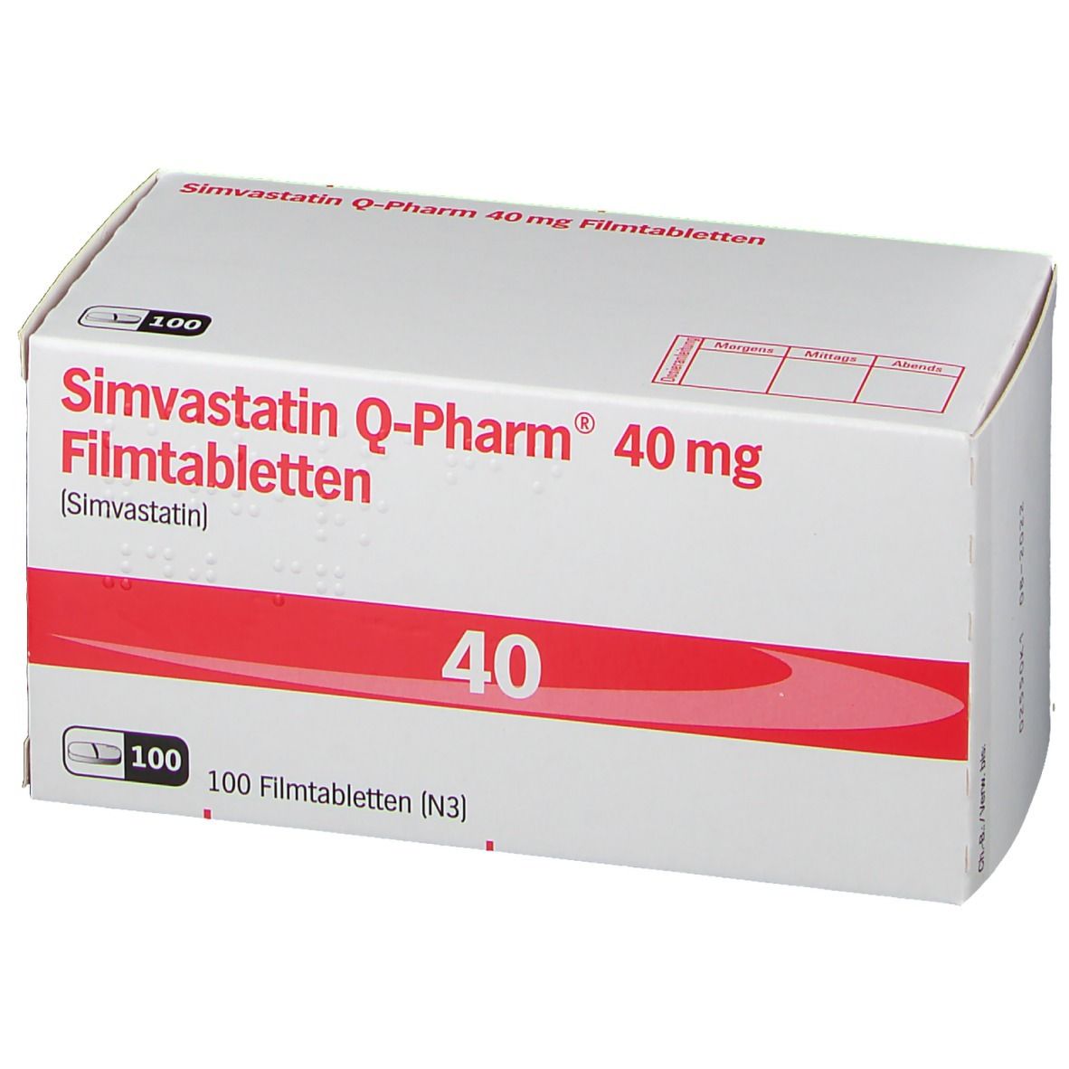 Weiße Schachtel mit rotem Streifen. Aufschrift: Simvastatin Q-Pharm 40 mg Filmtabletten. Enthält 100 Tabletten. Seitenansicht.