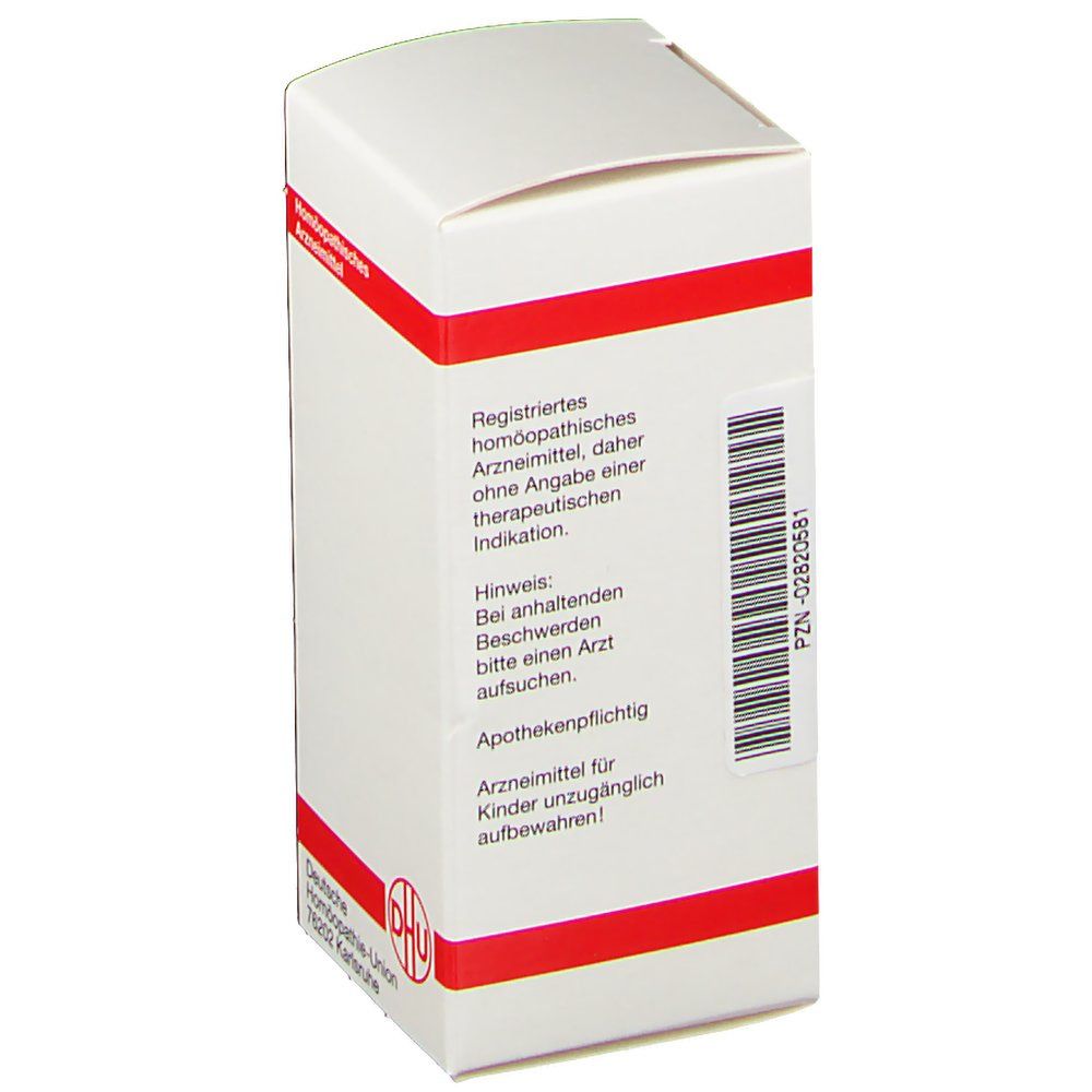 Weiße Faltschachtel mit roter Umrandung. Text: Registriertes homöopathisches Arzneimittel, Apothekenpflichtig, für Kinder unzugänglich aufbewahren.