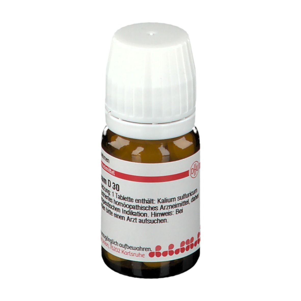 Braune Glasflasche mit weißem Deckel. Rotes Etikett mit Produktinformationen. Tabletten sichtbar.