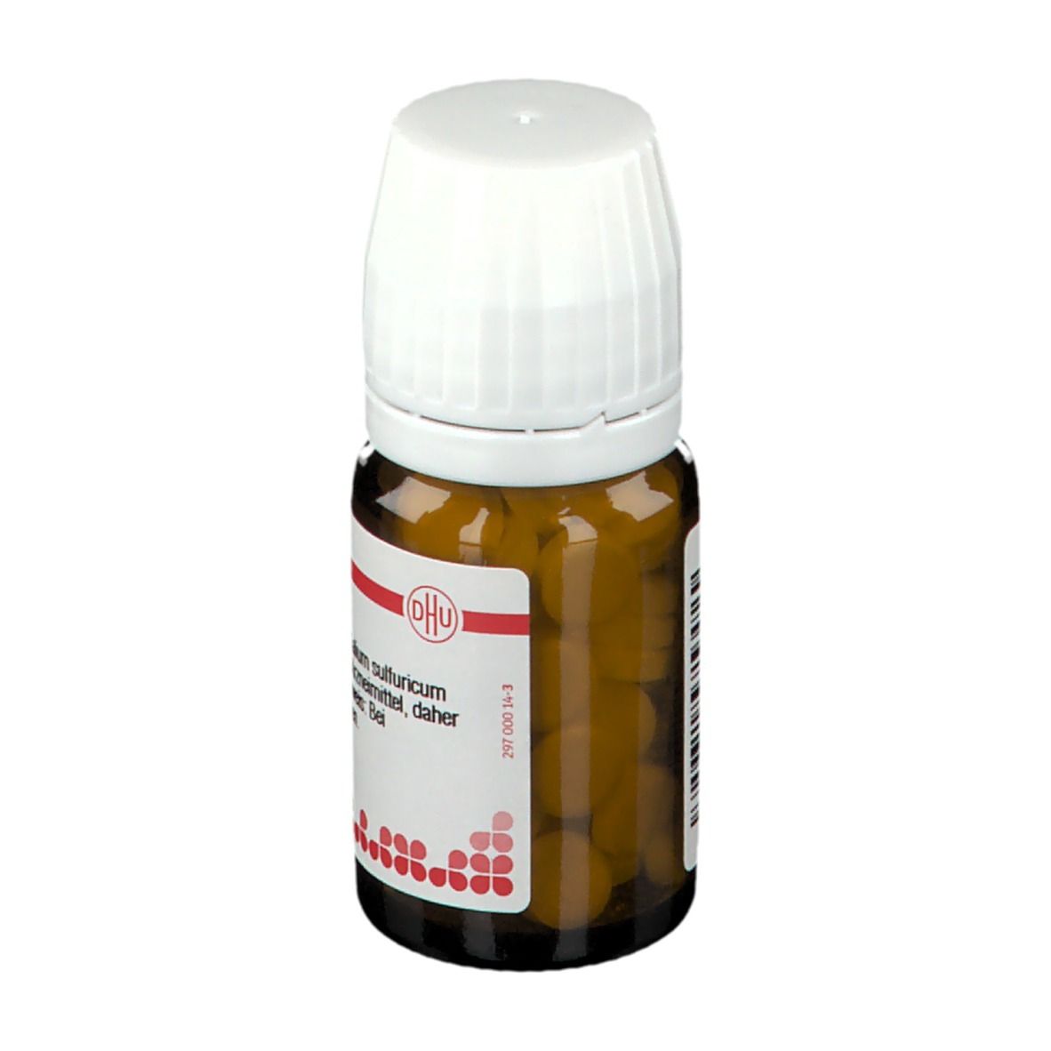 Braune Glasflasche mit weißem Deckel. Etikett mit Produktinformationen. Tabletten im Inneren sichtbar.