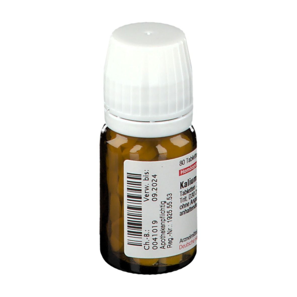 Braune Glasflasche mit weißem Deckel. Etikett mit Verfallsdatum und Chargennummer. Tabletten.