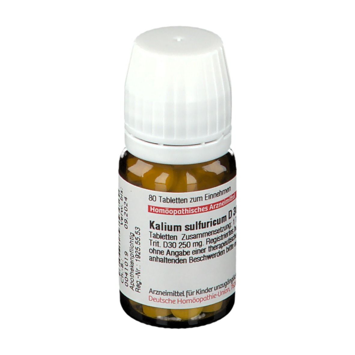 Braune Glasflasche mit weißem Deckel. Etikett mit Produktnamen und Verfallsdatum. Tabletten.