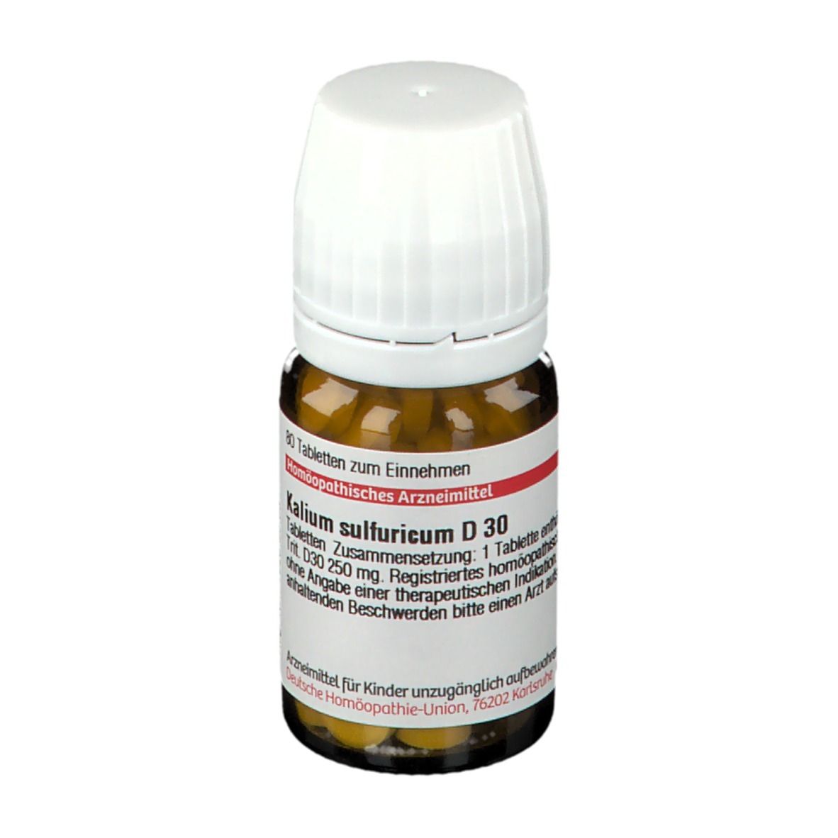 Braune Glasflasche mit weißem Deckel. Etikett mit Produktnamen und Inhaltsstoffen. Tabletten.