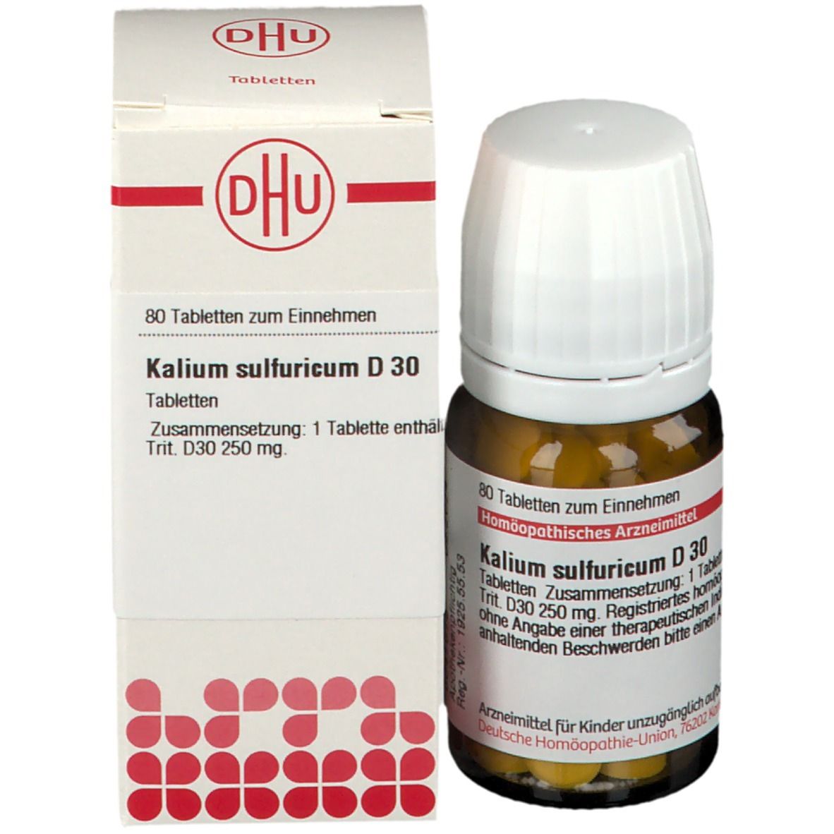 Produktflasche und Schachtel. Flasche mit Tabletten, Schachtel mit Produktinformationen. DHU-Logo.