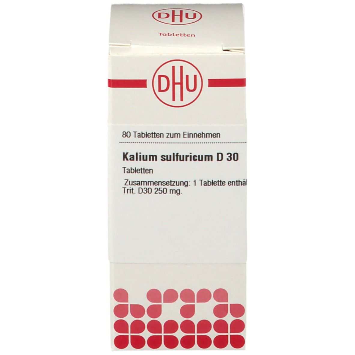 Weiße Schachtel mit rotem Logo und Produktinformationen. Enthält Tabletten. DHU-Logo.