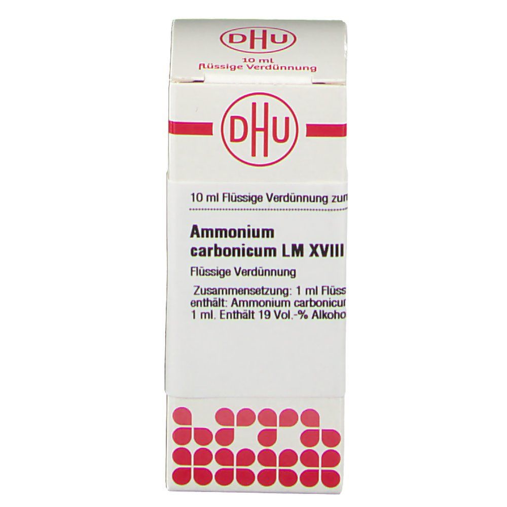 Weiße Schachtel mit rotem DHU-Logo. Text: Ammonium carbonicum LM XVIII, 10 ml flüssige Verdünnung. Zusammensetzung: 1 ml enthält Ammonium carbonicum.