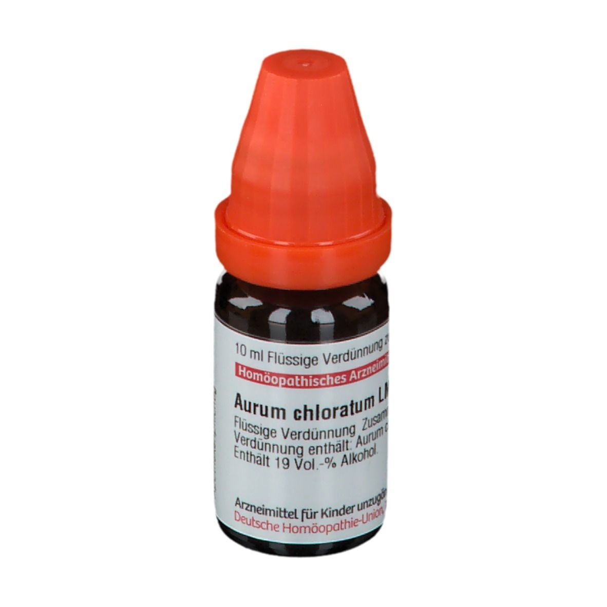 Braune Glasflasche mit orangefarbenem Verschluss. Beschriftung: 10 ml Flüssige Verdünnung, Aurum chloratum LM VI.