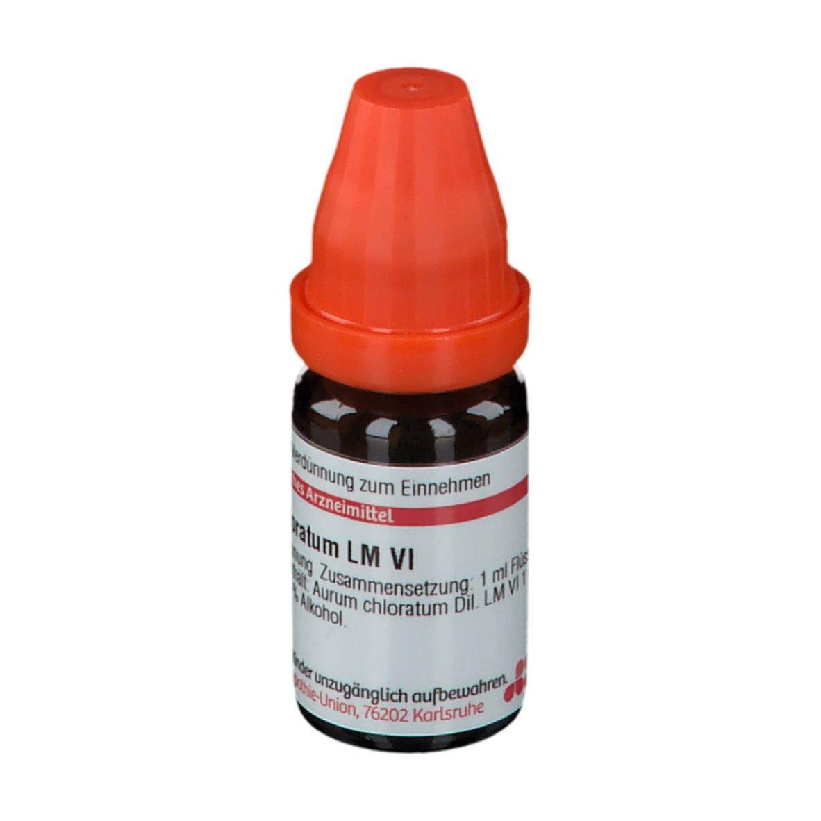 Braune Glasflasche mit orangefarbenem Verschluss. Beschriftung: Aurum chloratum LM VI. Für Einnahme.
