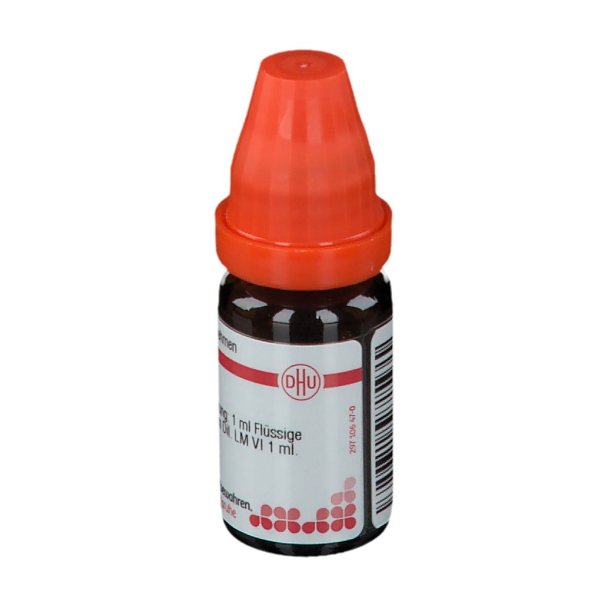 Braune Glasflasche mit orangefarbenem Verschluss. Beschriftung: 1 ml Flüssige Verdünnung, Aurum chloratum Dil. LM VI.