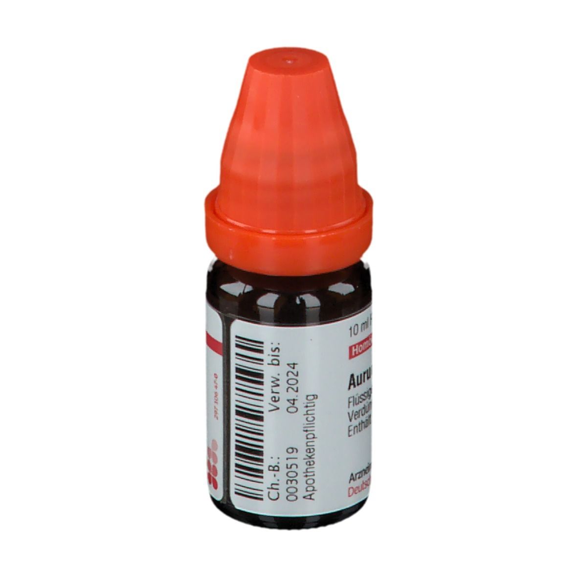 Braune Glasflasche mit orangefarbenem Verschluss. Beschriftung: Verwendbar bis 04.2024. Apothekenpflichtig.