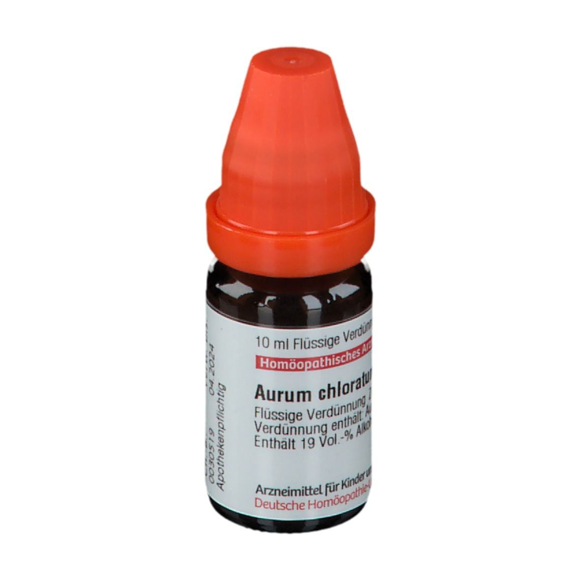 Braune Glasflasche mit orangefarbenem Verschluss. Beschriftung: 10 ml Flüssige Verdünnung, Aurum chloratum LM VI.