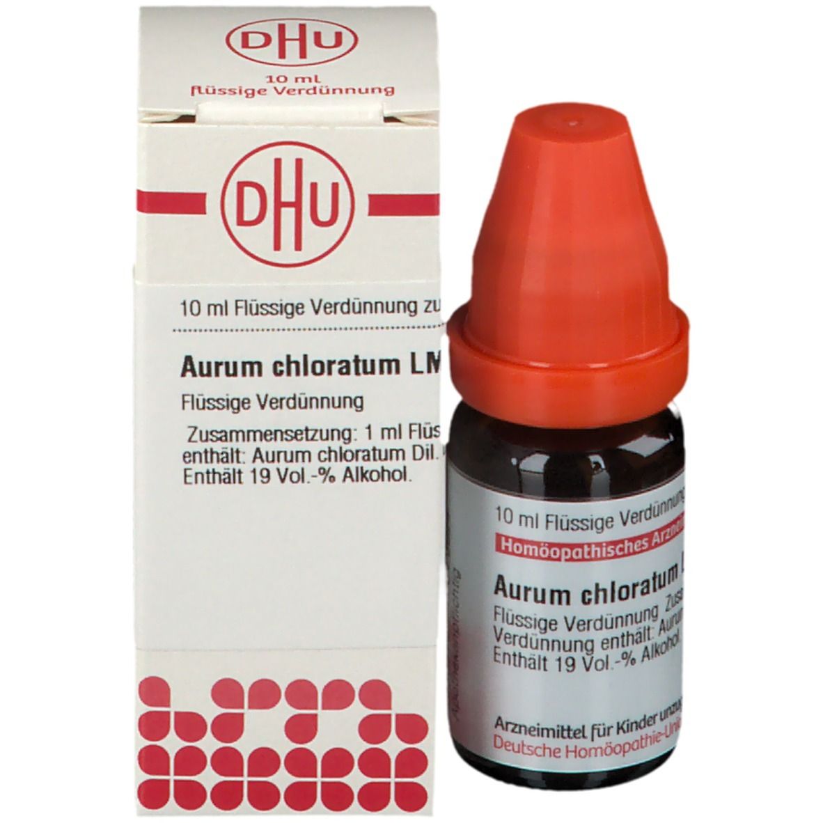 Produktflasche und Verpackung. Flasche: braun, orangefarbener Verschluss. Verpackung: weiß, DHU Logo.