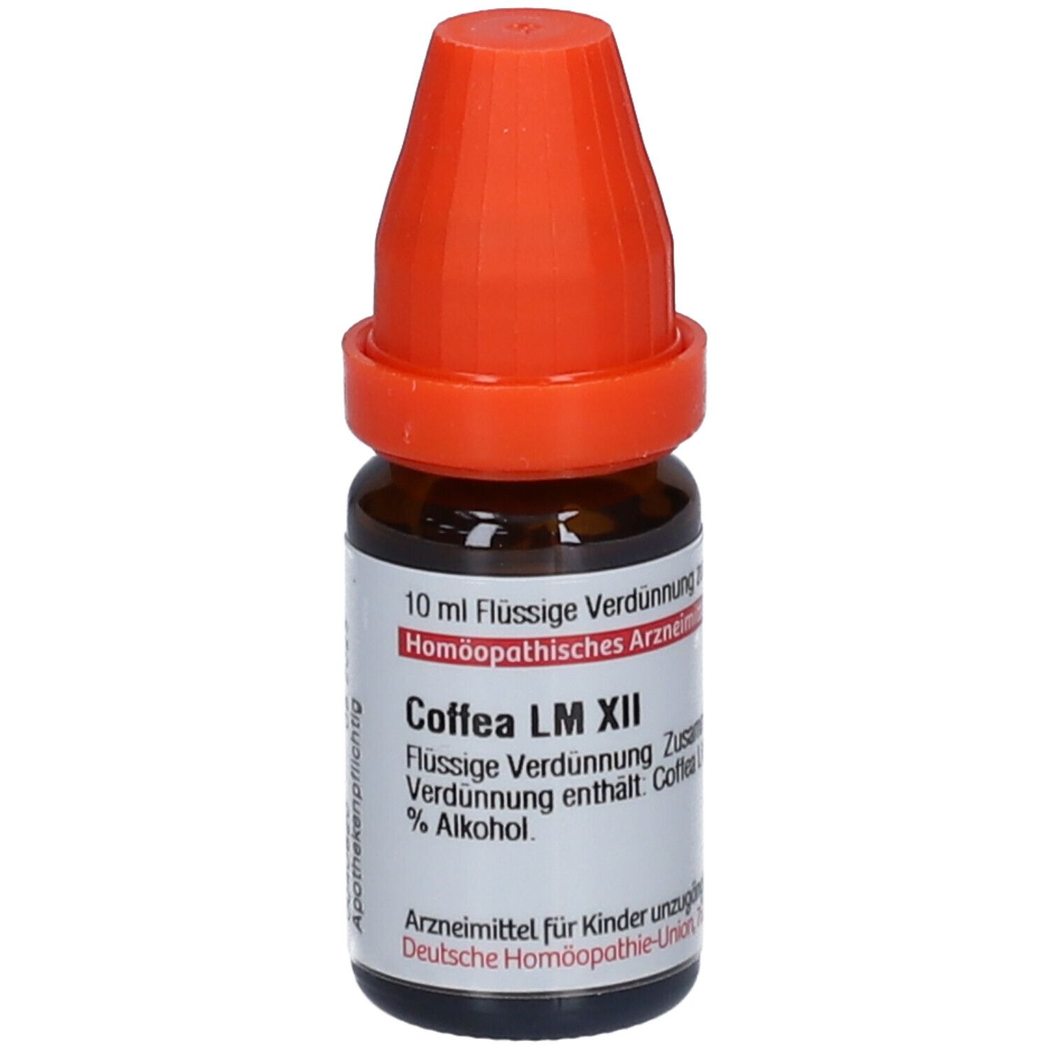 Braune Glasflasche mit orangefarbenem Verschluss. Beschriftung: Coffea LM XII, 10 ml Flüssige Verdünnung.
