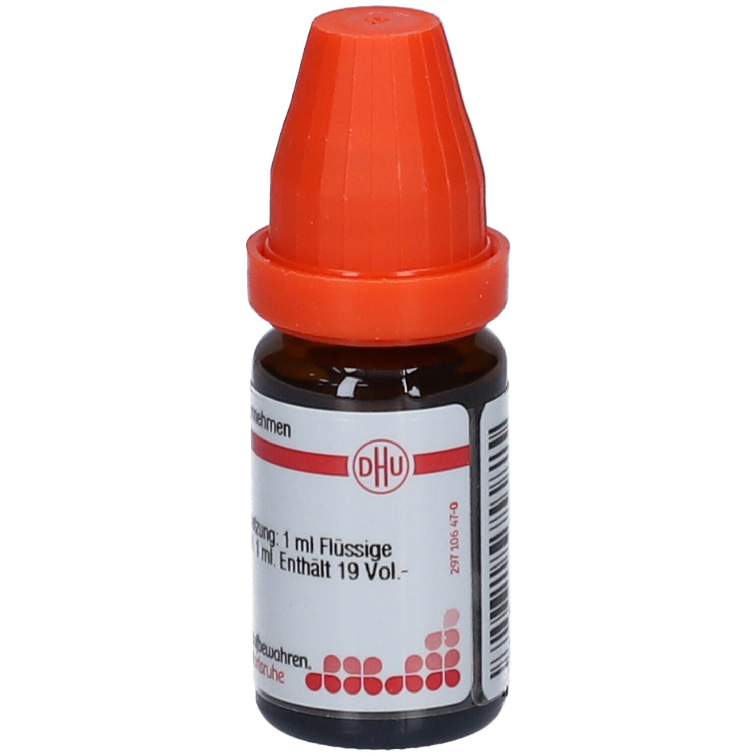 Braune Glasflasche mit orangefarbenem Verschluss. Beschriftung: DHU, 1 ml Flüssige Verdünnung, 19 Vol.-% Alkohol.