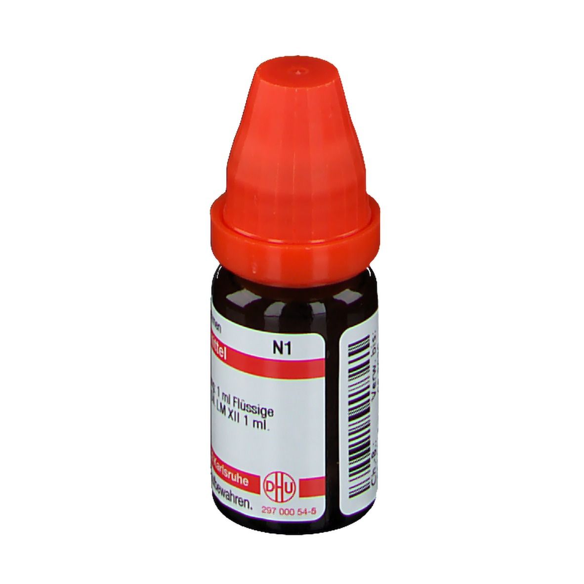 Braune Tropfflasche mit rotem Verschluss. Beschriftung: Dioscorea villosa LM XII, N1, Homöopathisches Arzneimittel.