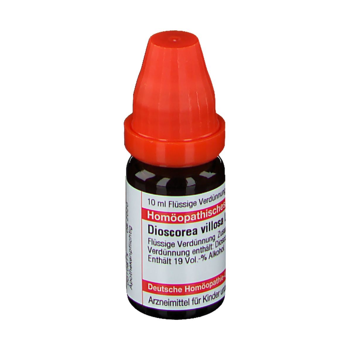 Braune Tropfflasche mit rotem Verschluss. Beschriftung: Dioscorea villosa LM XII, 10 ml Flüssige Verdünnung.