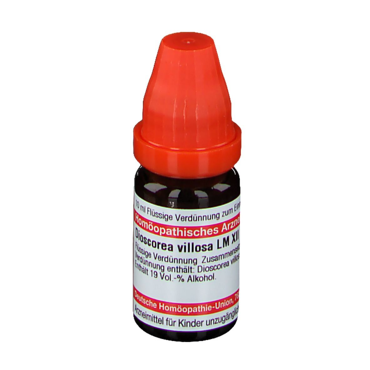 Braune Tropfflasche mit rotem Verschluss. Beschriftung: Dioscorea villosa LM XII, 10 ml Flüssige Verdünnung.