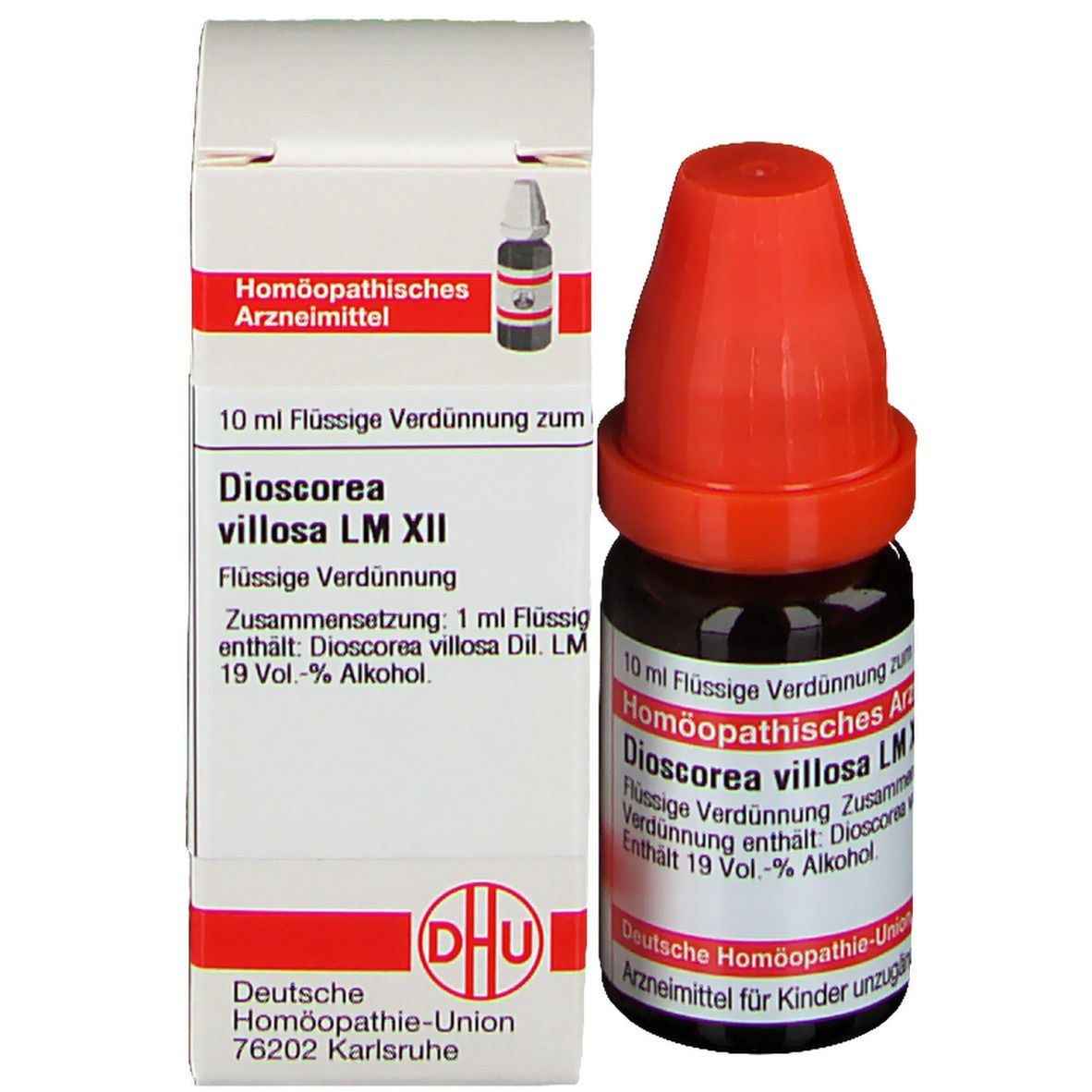 Produktverpackung mit Flasche. Beschriftung: Dioscorea villosa LM XII, 10 ml Flüssige Verdünnung, DHU.