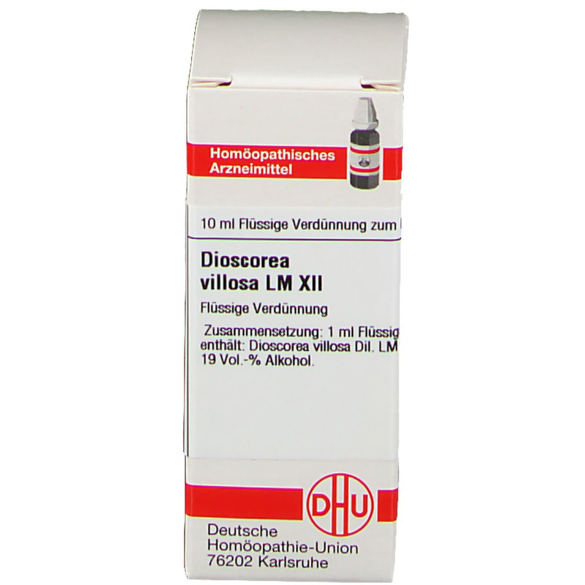Produktverpackung. Beschriftung: Dioscorea villosa LM XII, 10 ml Flüssige Verdünnung, DHU.