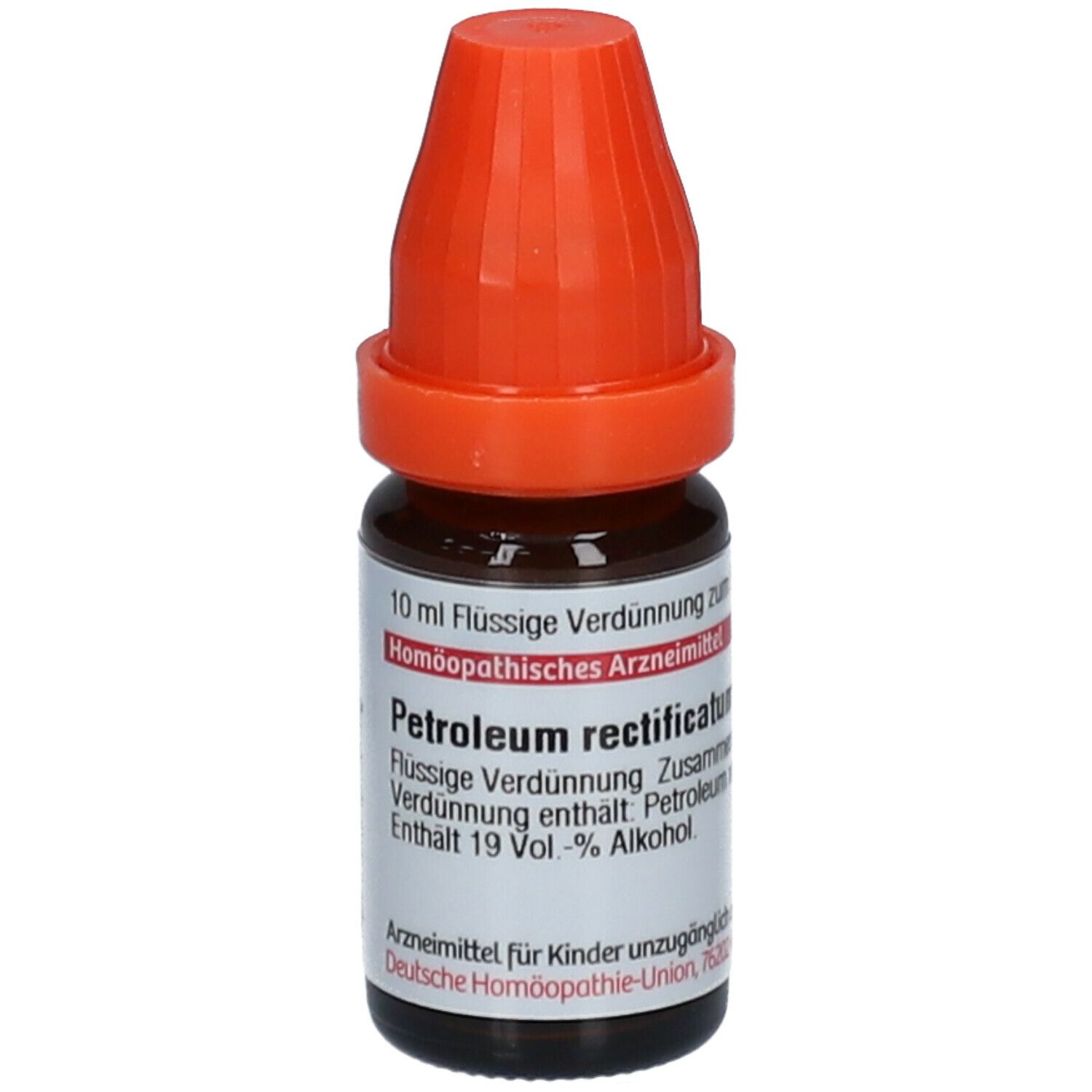 Braune Glasflasche mit orangefarbenem Verschluss. Etikett mit Produktinformationen. Homöopathisches Arzneimittel.
