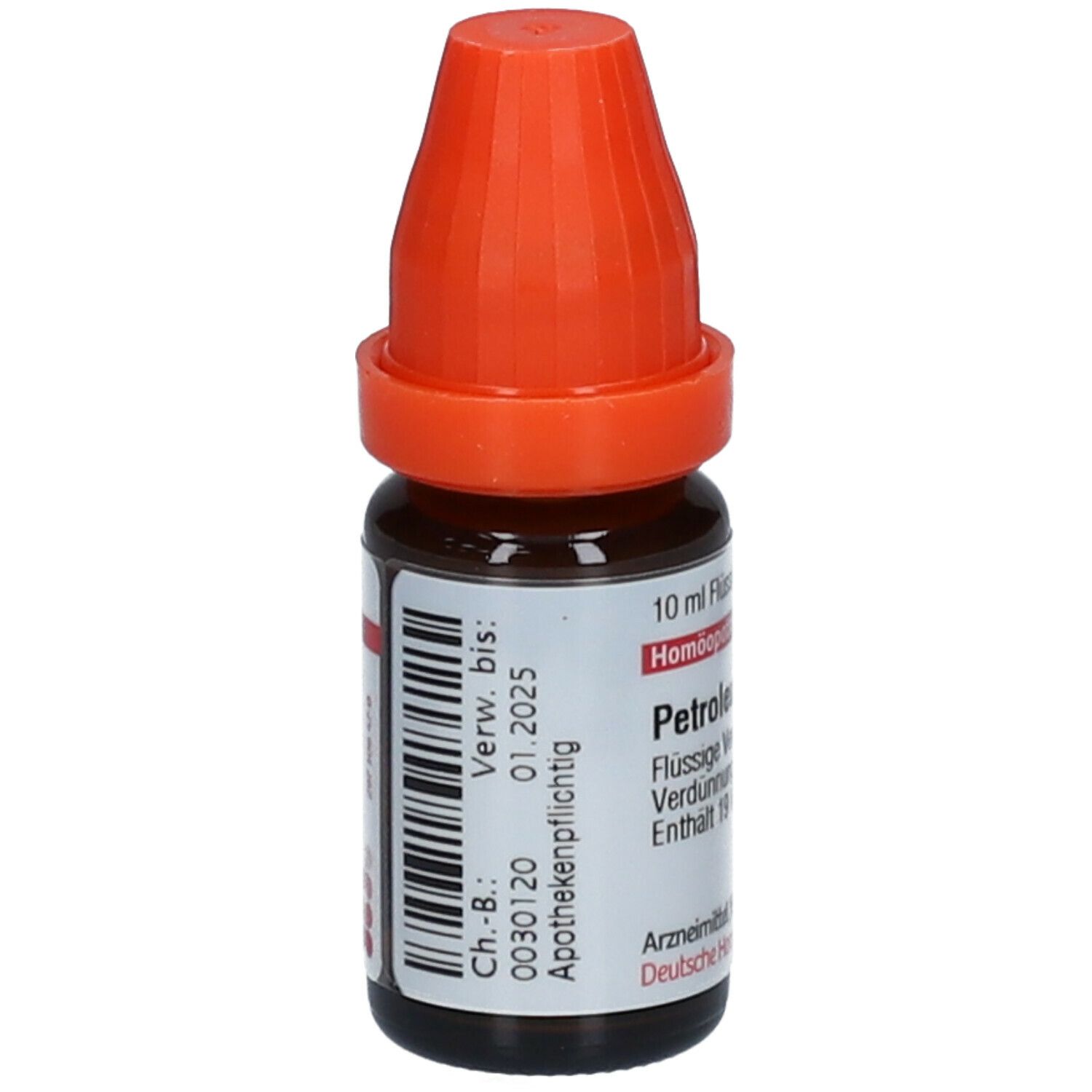 Braune Glasflasche mit orangefarbenem Verschluss. Etikett mit Chargennummer und Verfallsdatum. Apothekenpflichtig.