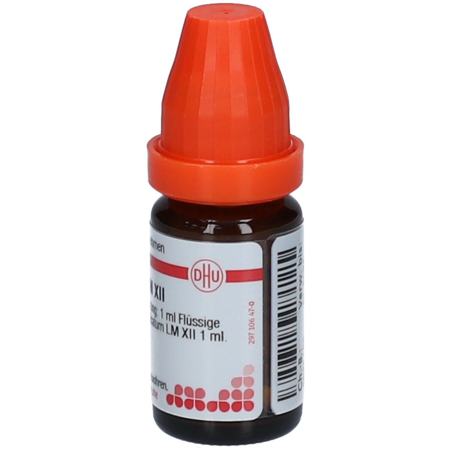 Braune Glasflasche mit orangefarbenem Verschluss. Etikett mit Produktnamen und DHU-Logo. 1 ml Flüssige Verdünnung.