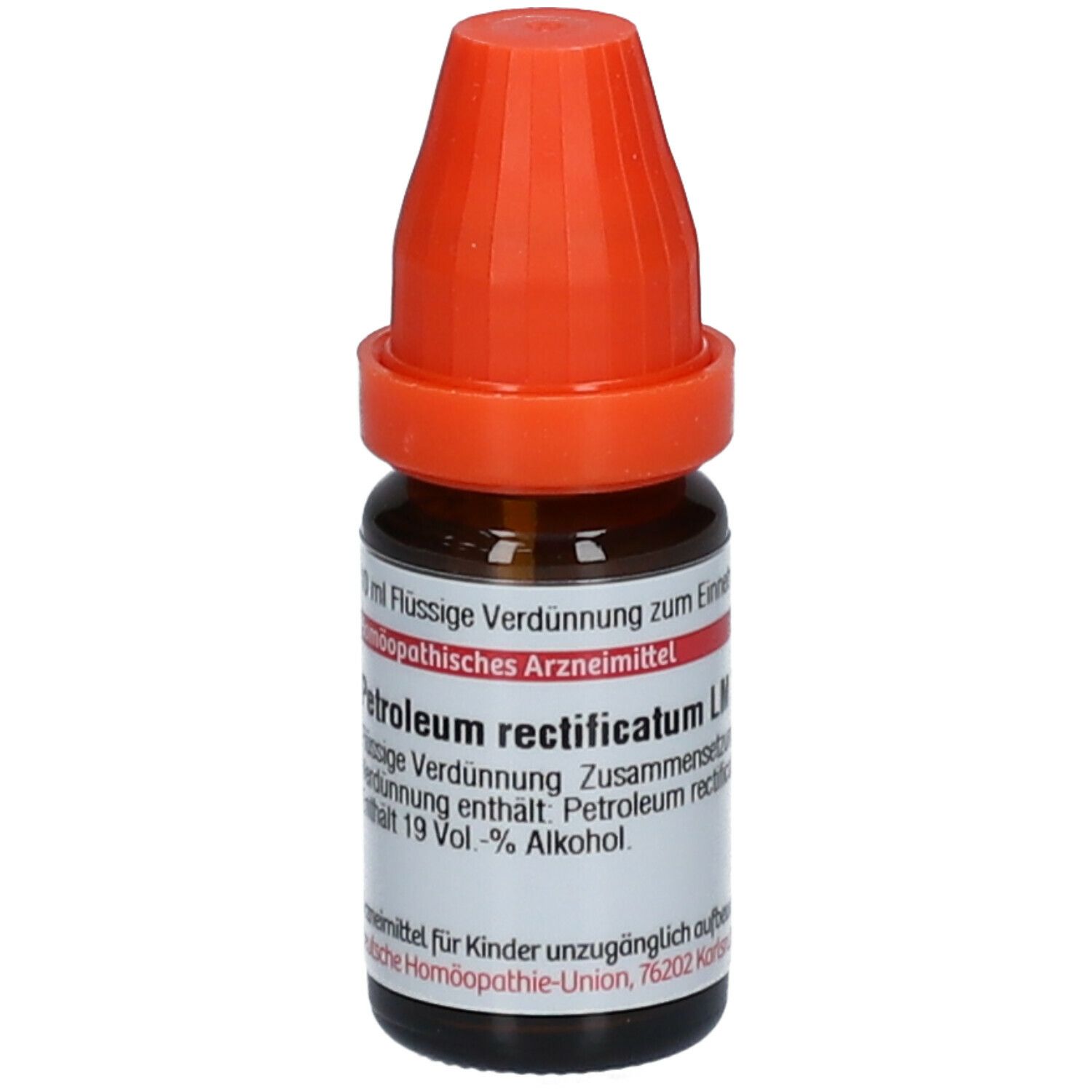 Braune Glasflasche mit orangefarbenem Verschluss. Etikett mit Produktinformationen. Homöopathisches Arzneimittel.