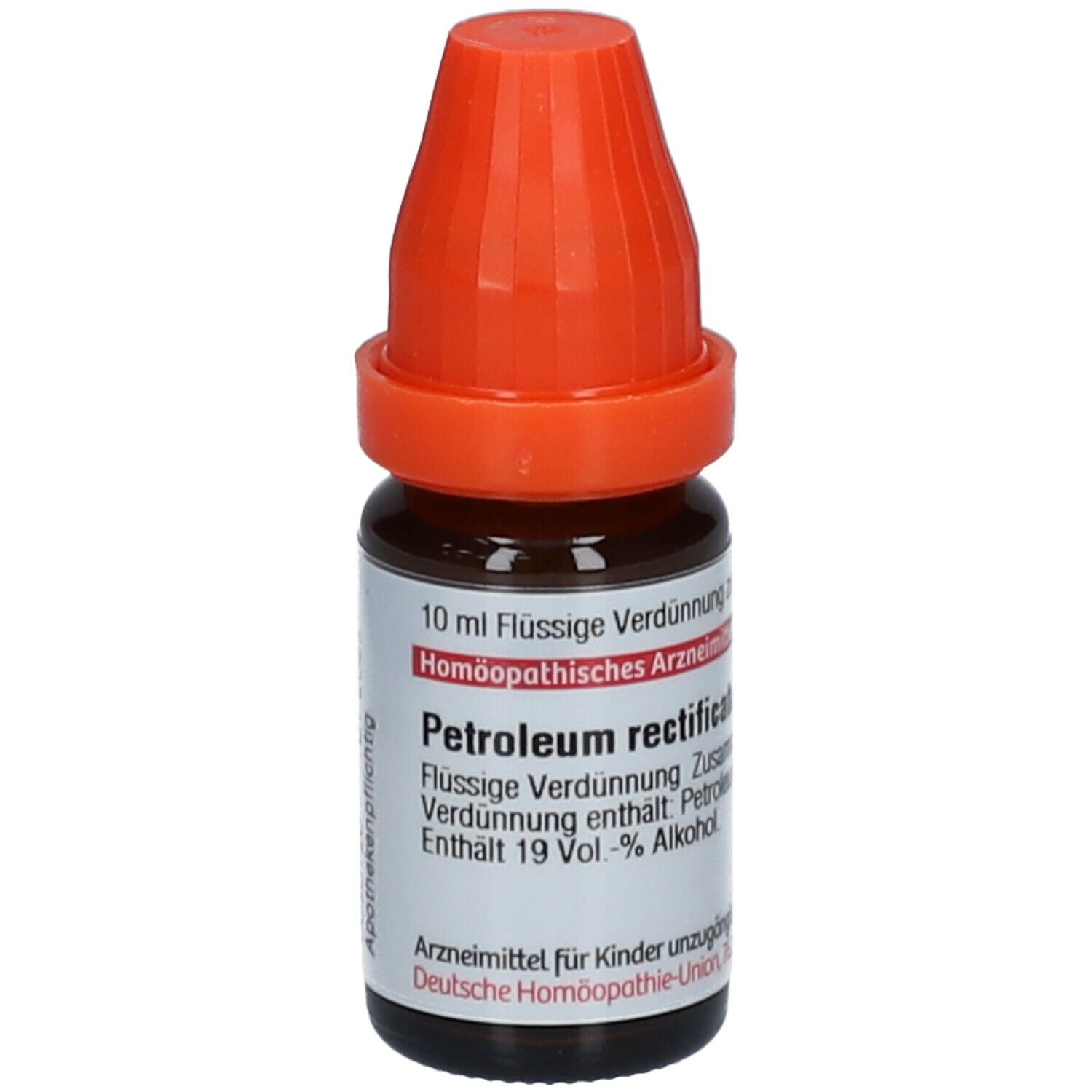 Braune Glasflasche mit orangefarbenem Verschluss. Etikett mit Produktinformationen. Homöopathisches Arzneimittel.