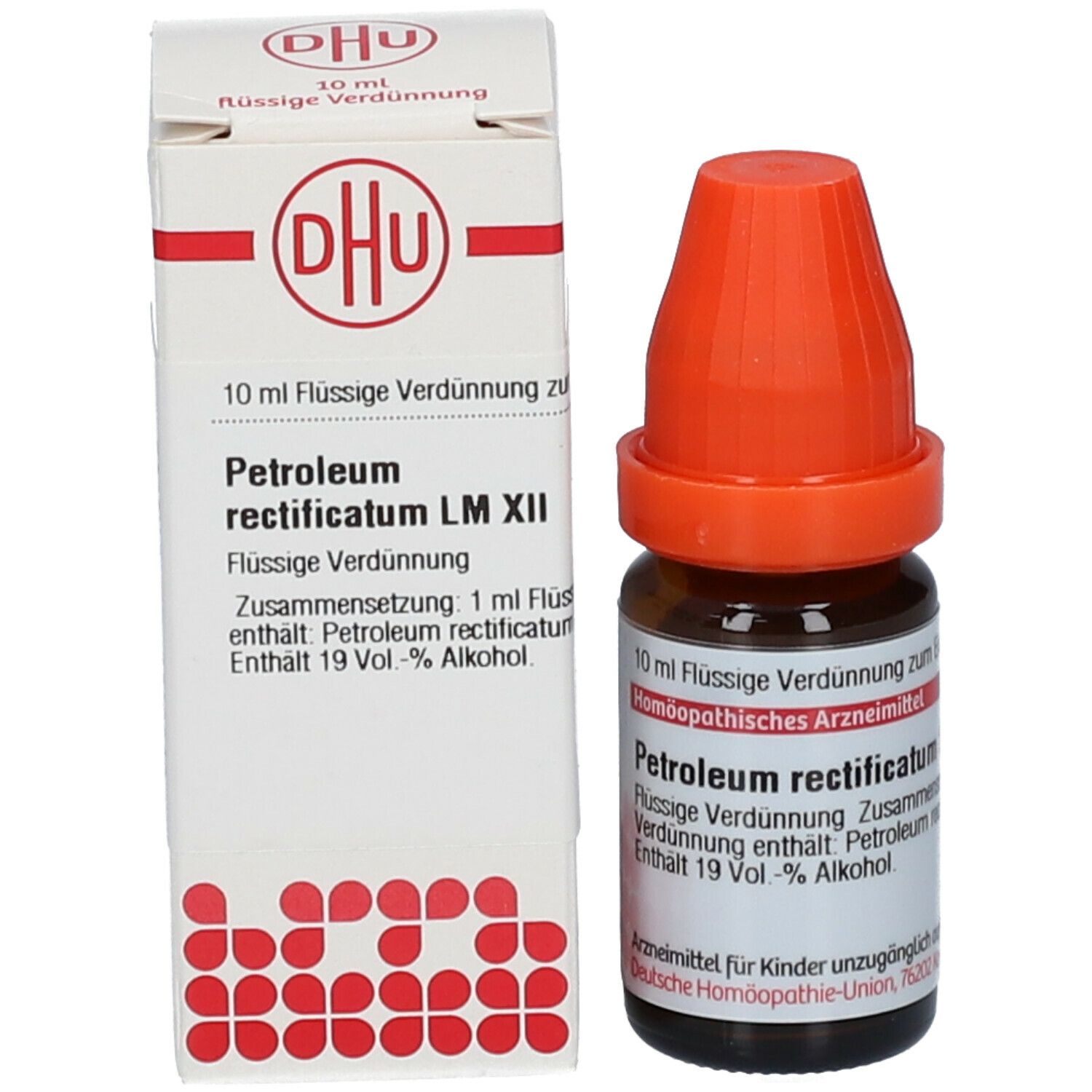 Produktflasche neben Verpackung. Braune Flasche mit orangefarbenem Verschluss. Verpackung mit DHU-Logo.