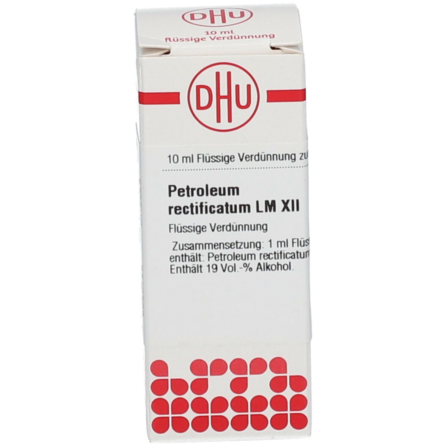Weiße Verpackung mit DHU-Logo und Produktinformationen. Braune Glasflasche mit orangefarbenem Verschluss.