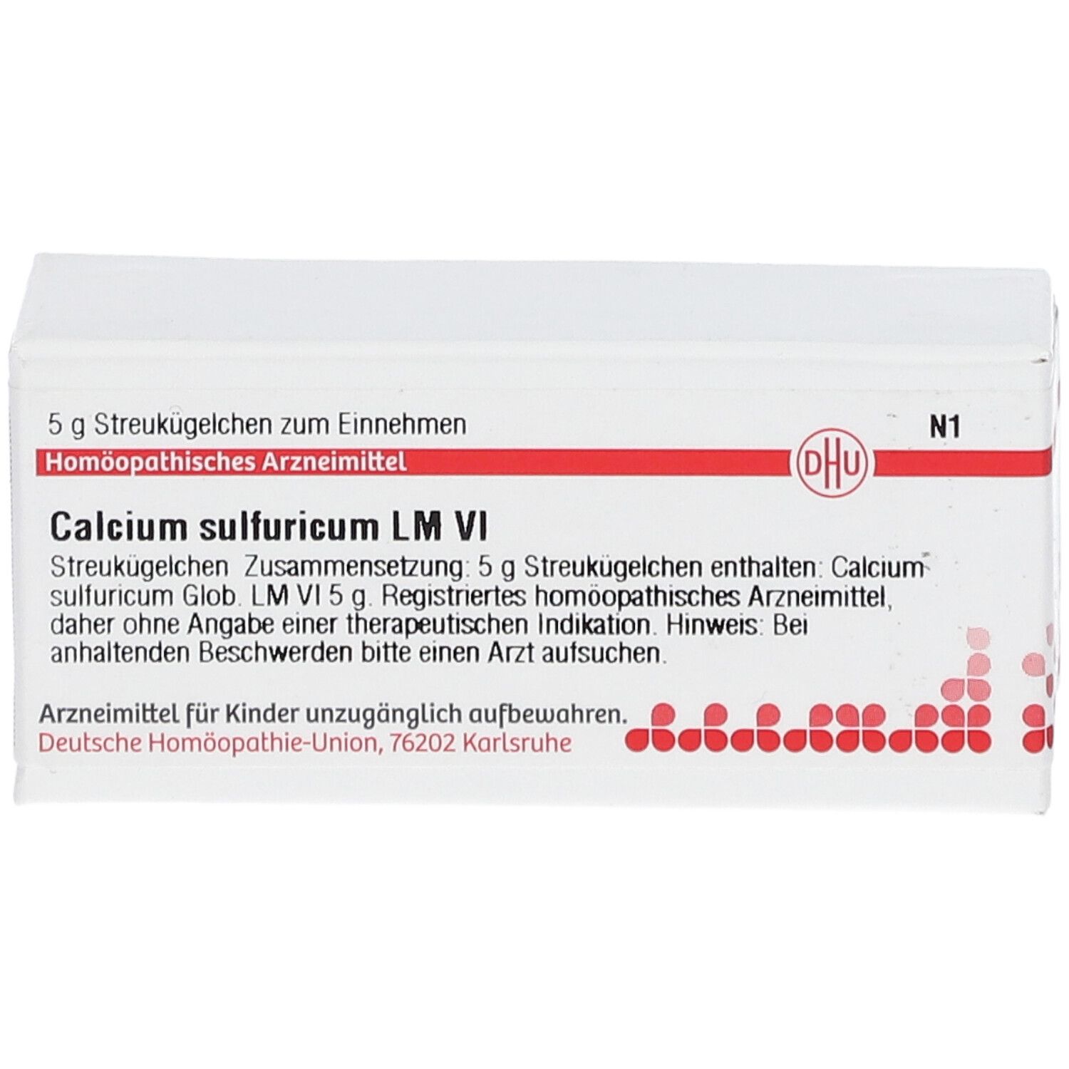 Weiße Schachtel mit roter Schrift. Enthält DHU Calcium sulfuricum LM VI. Text: Streukügelchen, homöopathisches Arzneimittel.